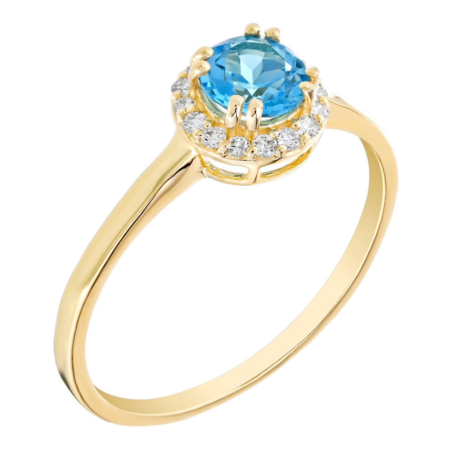 Birthstone Collection 10K Yellow Gold Round Center with Halo Plain Shank Ring Diamond and Blue Topaz 0.60 Ctw
