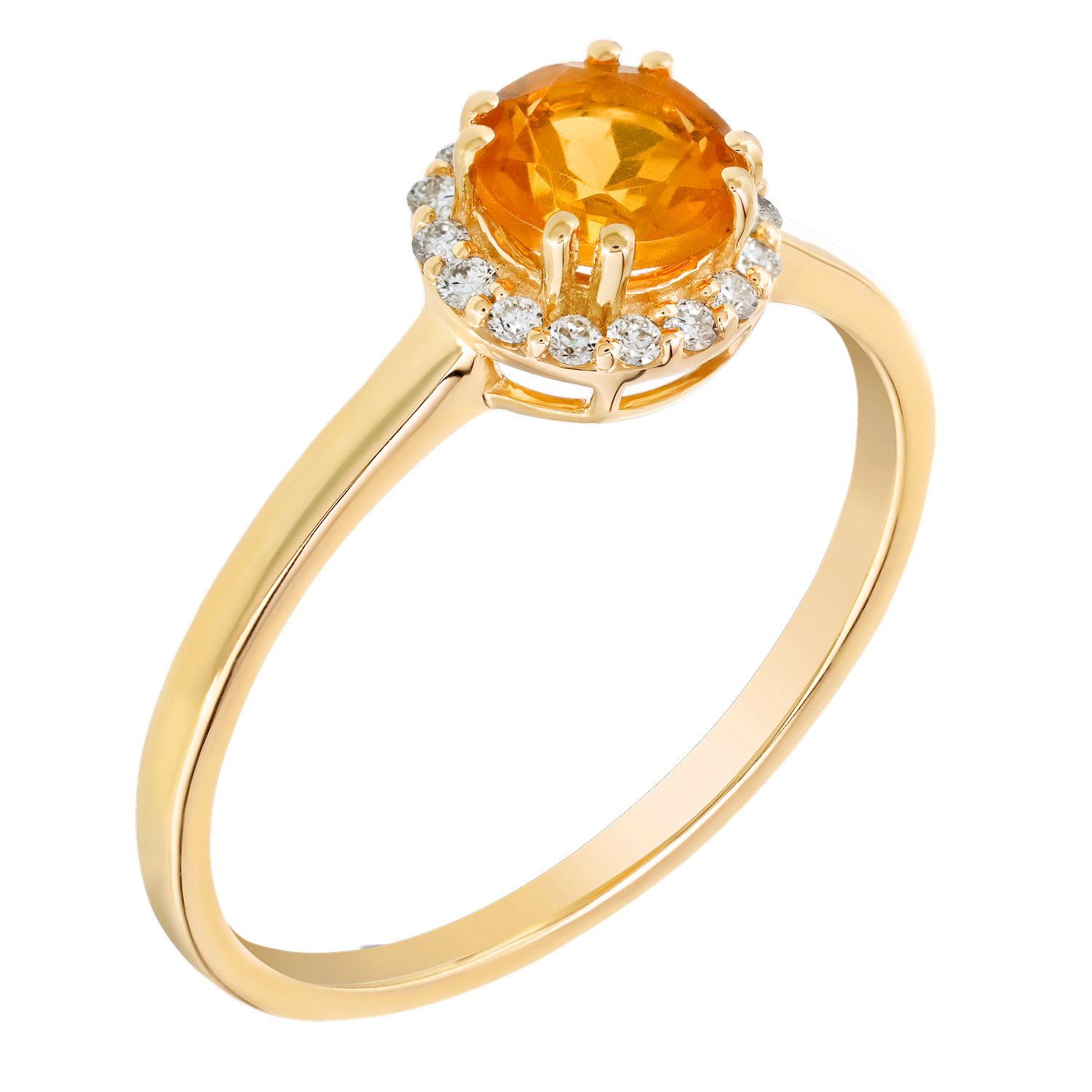 Birthstone Collection 10K Yellow Gold Round Center with Halo Plain Shank Ring Diamond and Citrine 0.60 Ctw