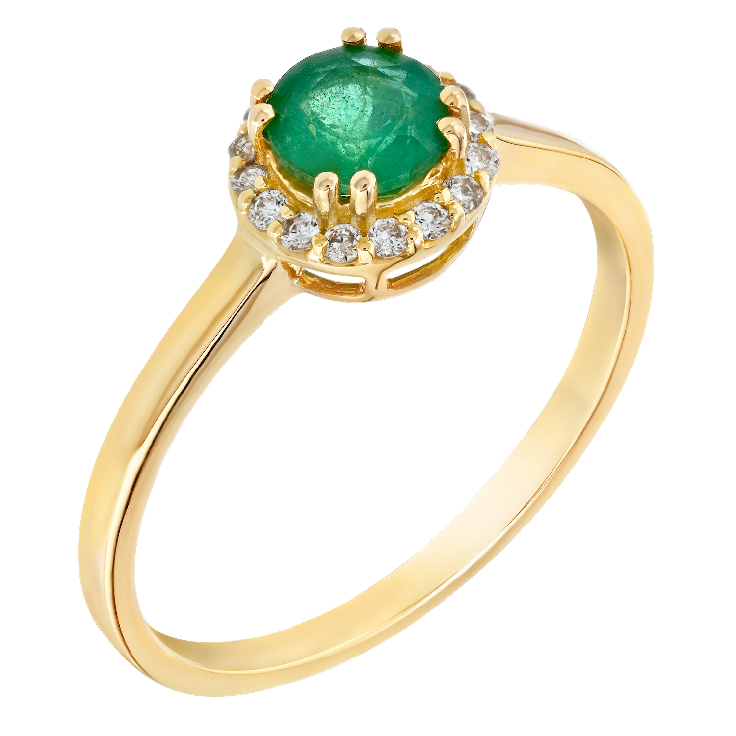 Birthstone Collection 10K Yellow Gold Round Center with Halo Plain Shank Ring Diamond and Emerald 0.60 Ctw
