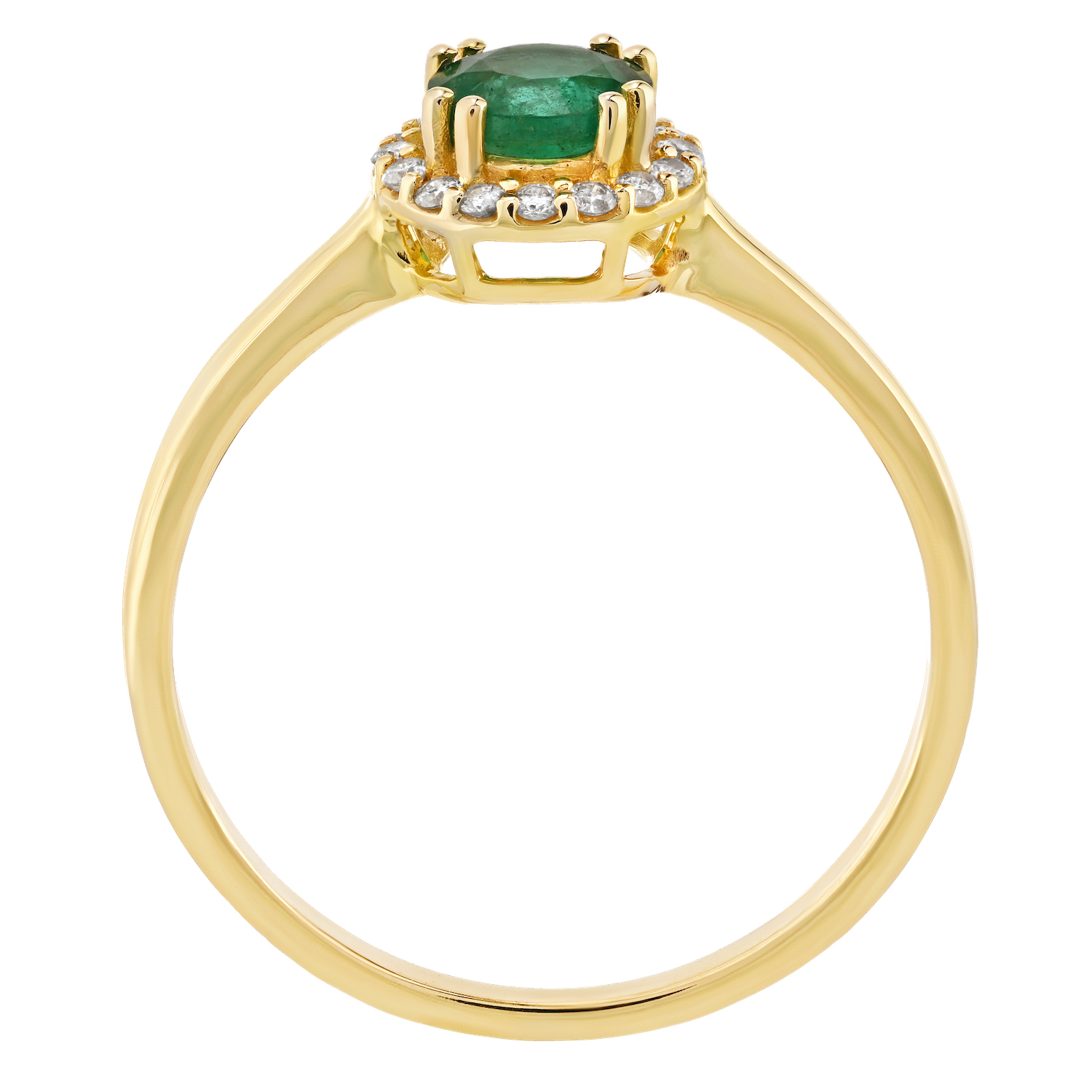Birthstone Collection 10K Yellow Gold Round Center with Halo Plain Shank Ring Diamond and Emerald 0.60 Ctw