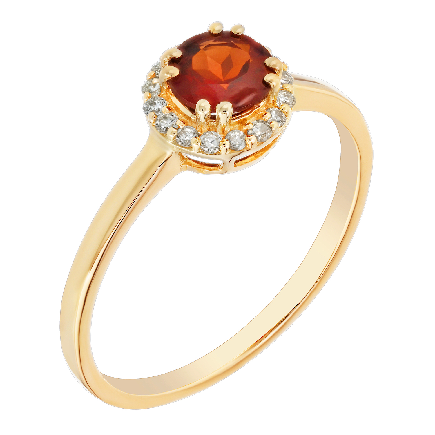 Birthstone Collection 10K Yellow Gold Round Center with Halo Plain Shank Ring Diamond and Garnet 0.60 Ctw