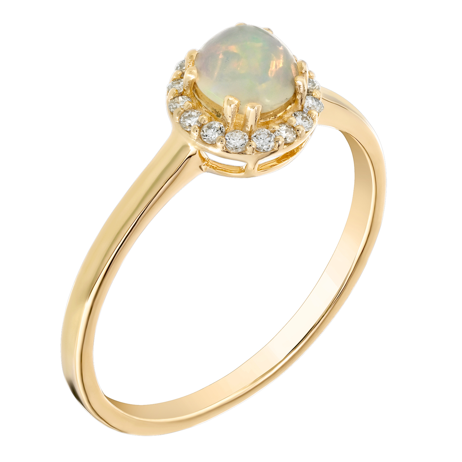 Birthstone Collection 10K Yellow Gold Round Center with Halo Plain Shank Ring Diamond and Opal 0.60 Ctw