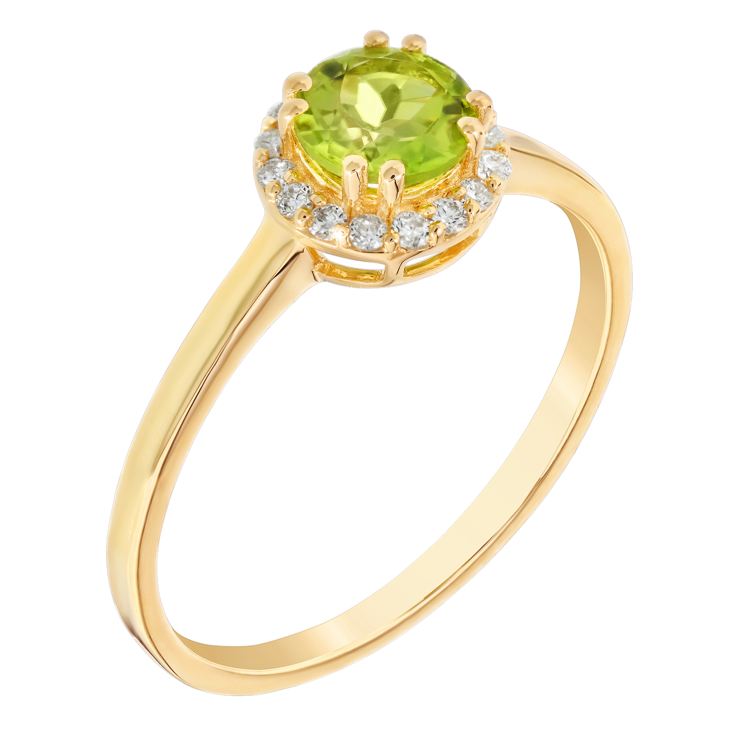 Birthstone Collection 10K Yellow Gold Round Center with Halo Plain Shank Ring Diamond and Peridot 0.60 Ctw