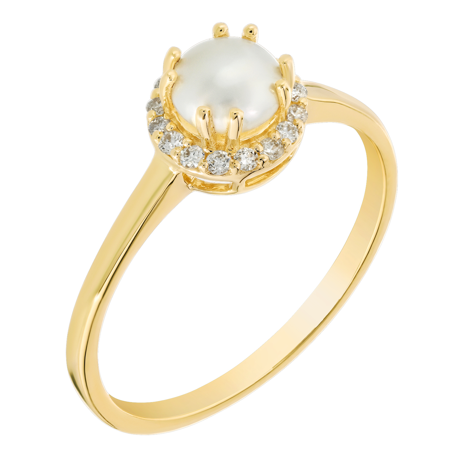 Birthstone Collection 10K Yellow Gold Round Center with Halo Plain Shank Ring Diamond and Pearl 0.60 Ctw