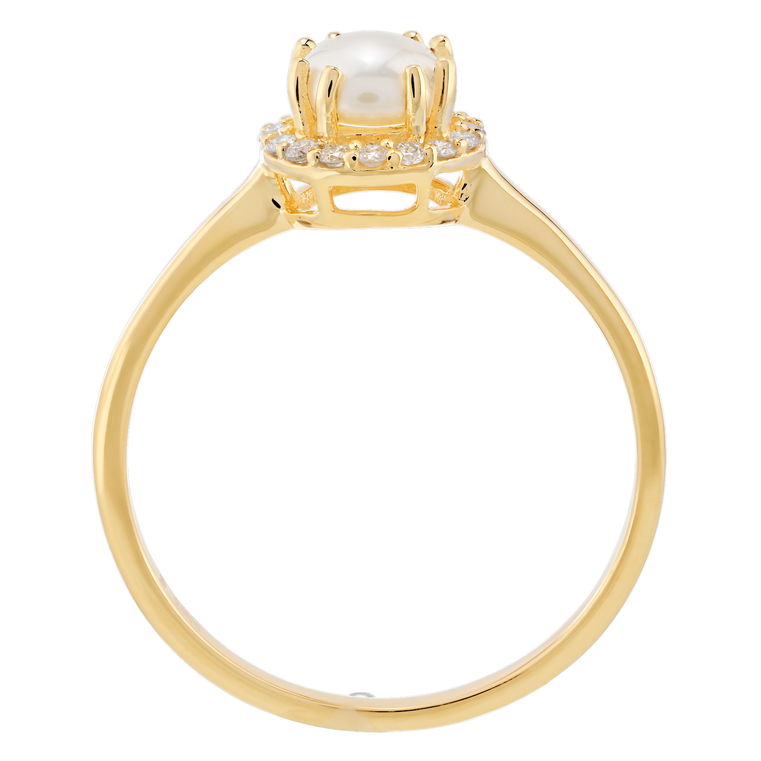 Birthstone Collection 10K Yellow Gold Round Center with Halo Plain Shank Ring Diamond and Pearl 0.60 Ctw