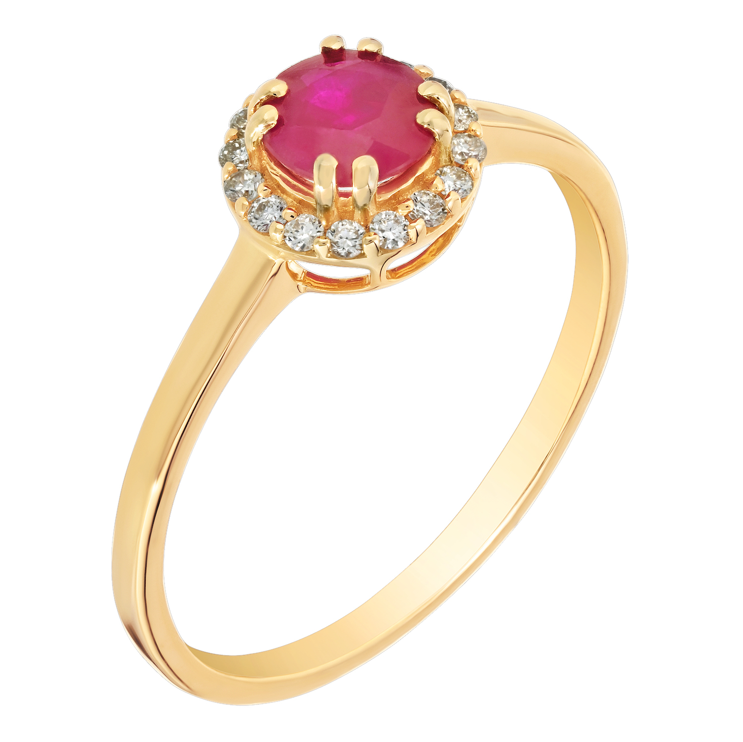 Birthstone Collection 10K Yellow Gold Round Center with Halo Plain Shank Ring Diamond and Ruby 0.60 Ctw