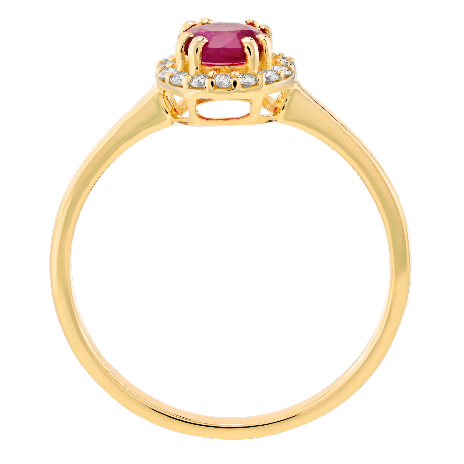 Birthstone Collection 10K Yellow Gold Round Center with Halo Plain Shank Ring Diamond and Ruby 0.60 Ctw