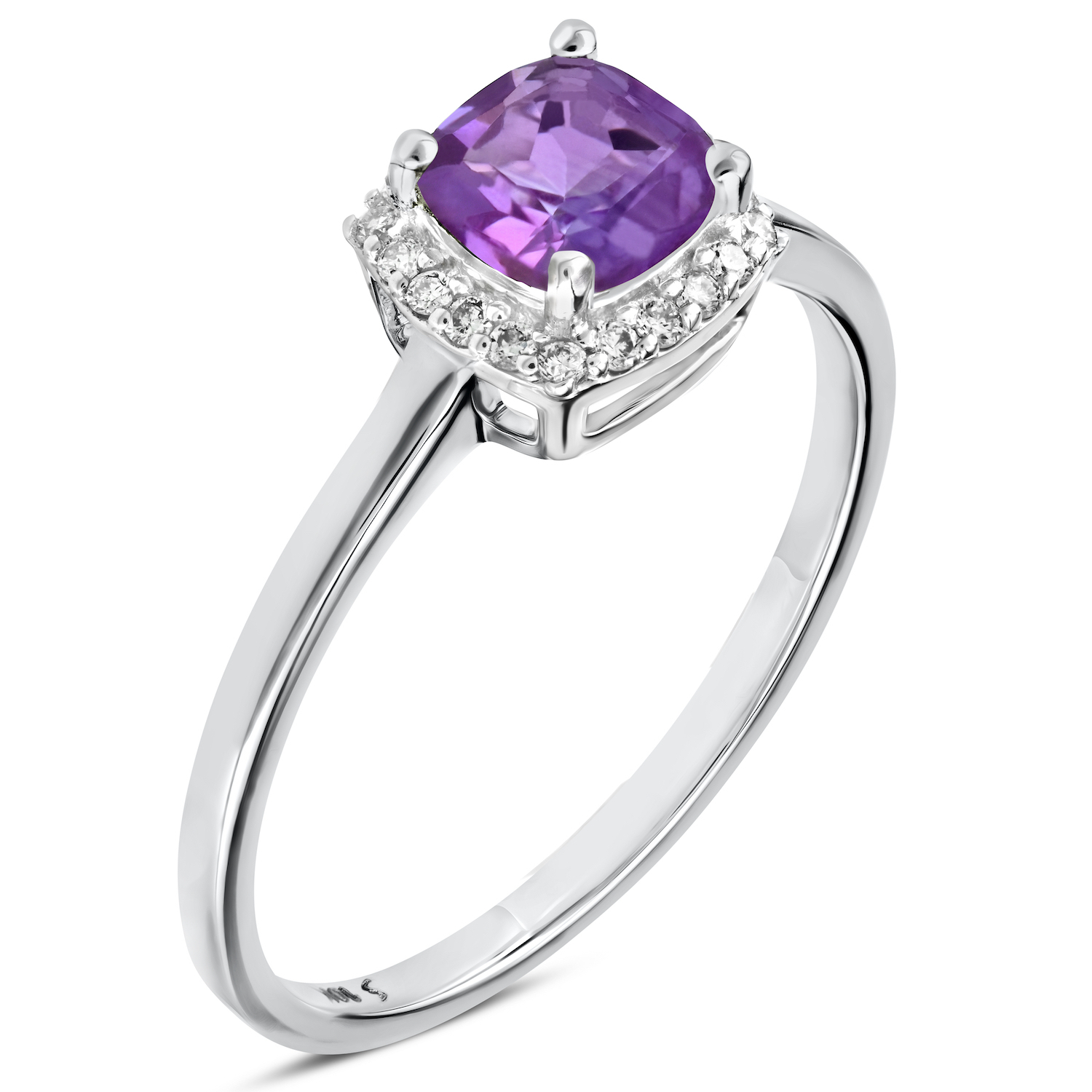 Birthstone Collection 10K White Gold Cushion Center with Halo Plain Shank Ring Diamond and Amethyst 0.60 Ctw