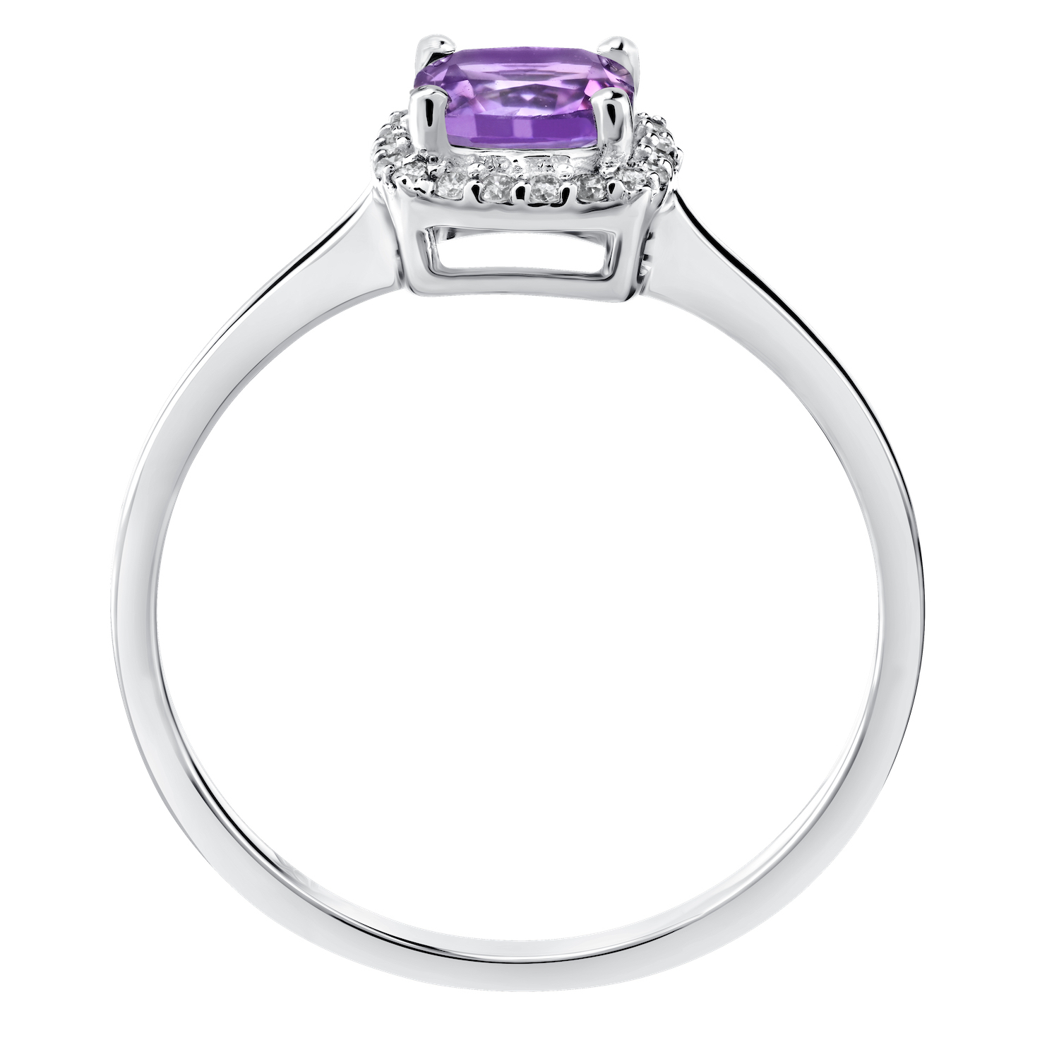 Birthstone Collection 10K White Gold Cushion Center with Halo Plain Shank Ring Diamond and Amethyst 0.60 Ctw