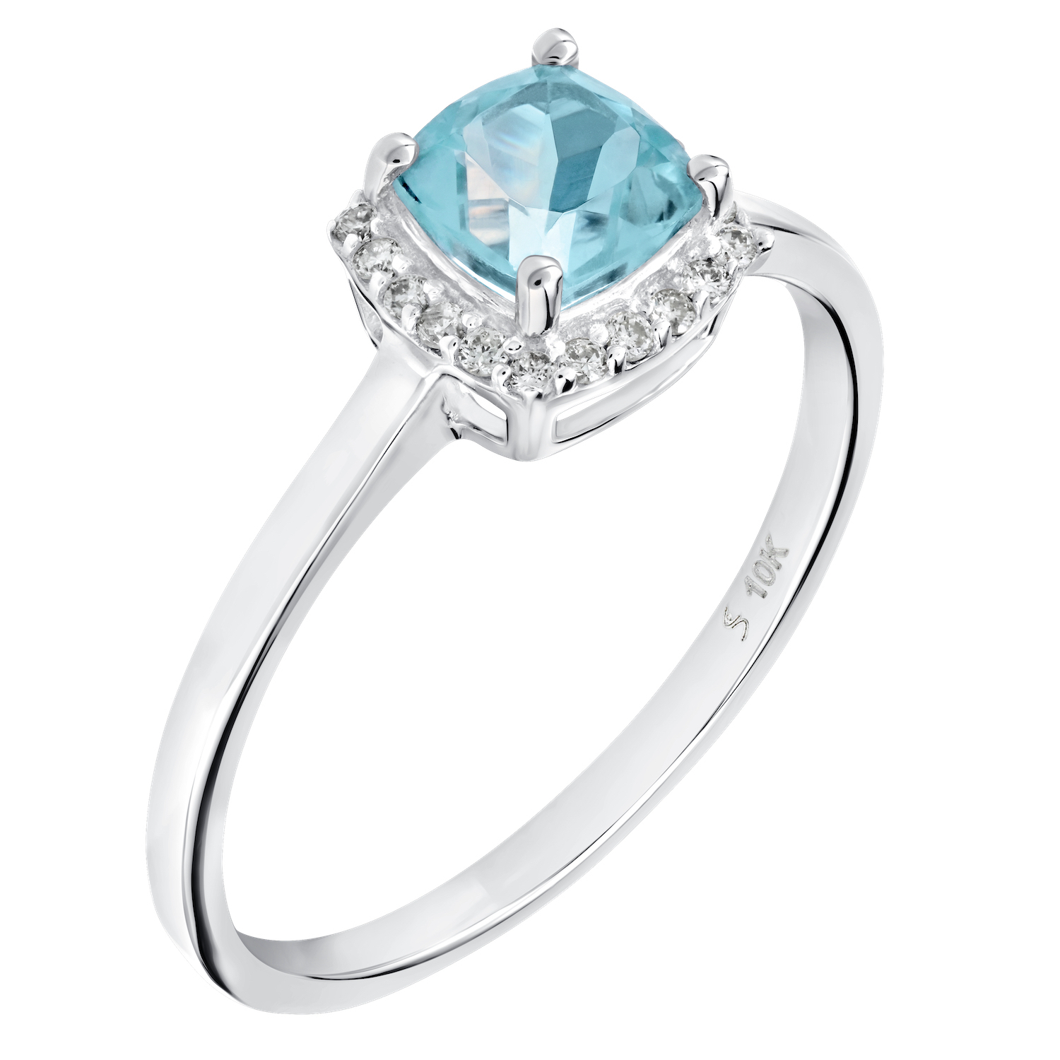 Birthstone Collection 10K White Gold Cushion Center with Halo Plain Shank Ring Diamond and Aqua 0.60 Ctw