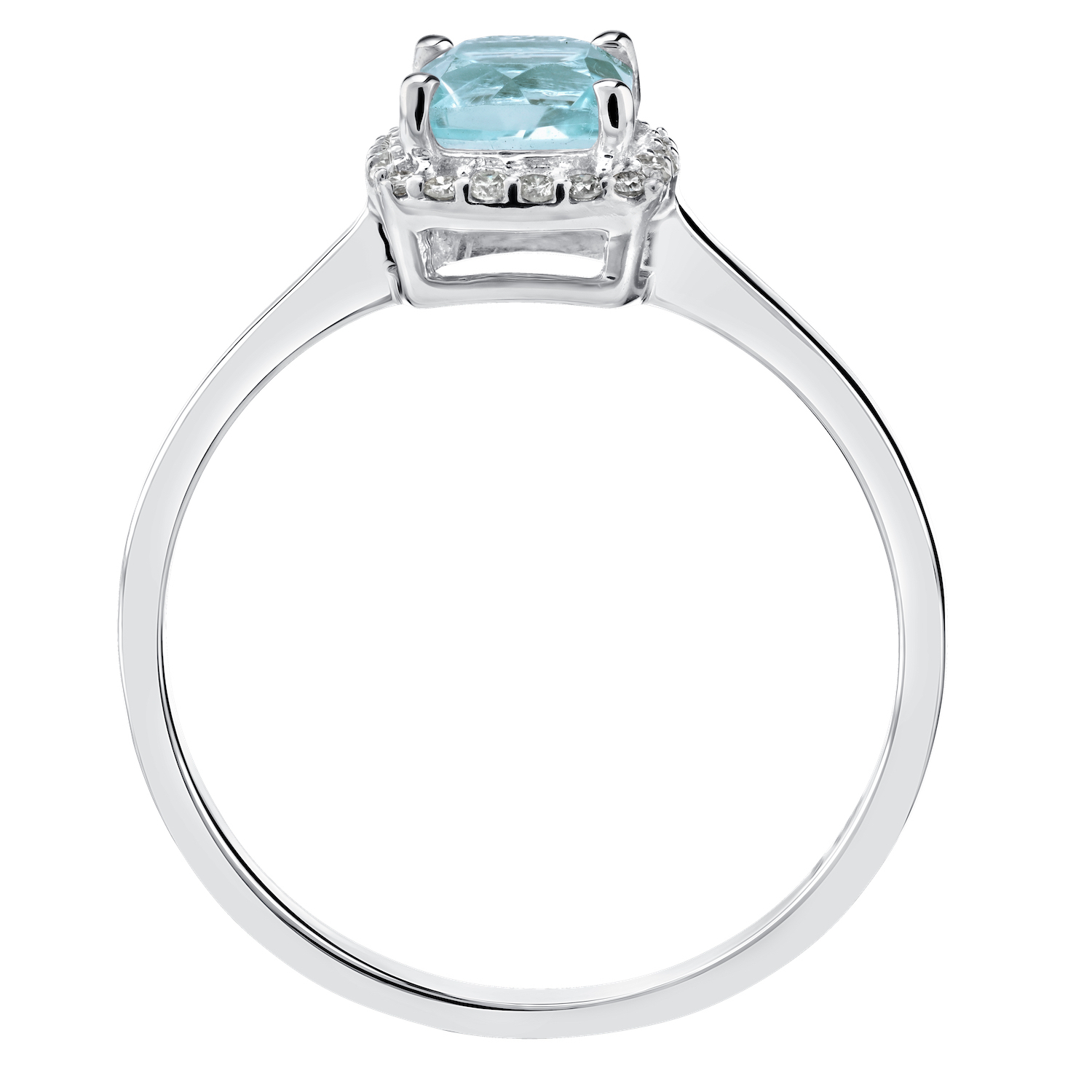 Birthstone Collection 10K White Gold Cushion Center with Halo Plain Shank Ring Diamond and Aqua 0.60 Ctw