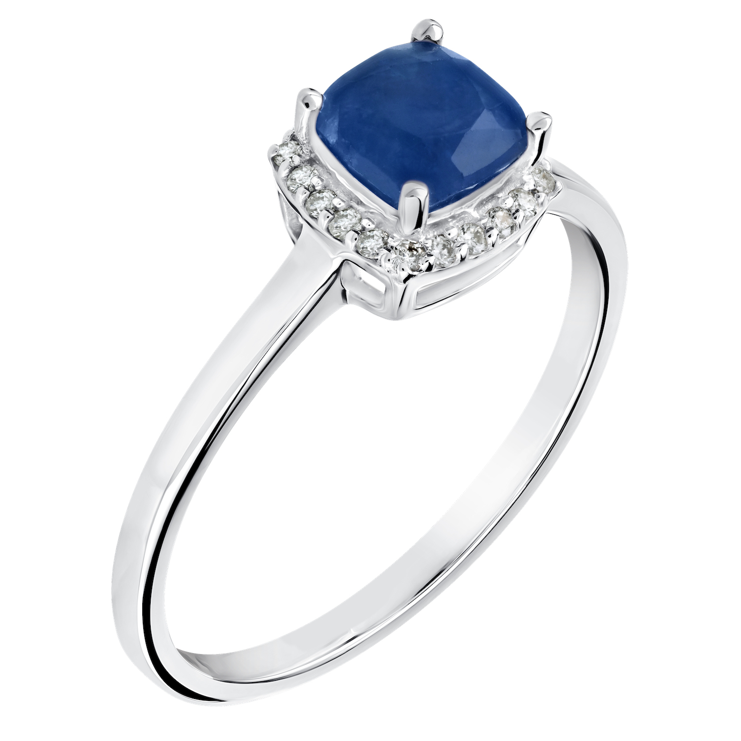 Birthstone Collection 10K White Gold Cushion Center with Halo Plain Shank Ring Diamond and Blue Sapphire 0.60 Ctw