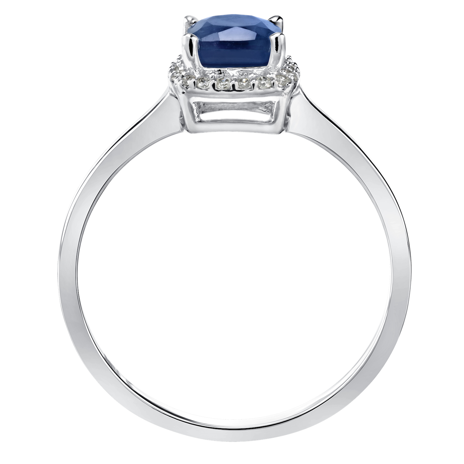 Birthstone Collection 10K White Gold Cushion Center with Halo Plain Shank Ring Diamond and Blue Sapphire 0.60 Ctw