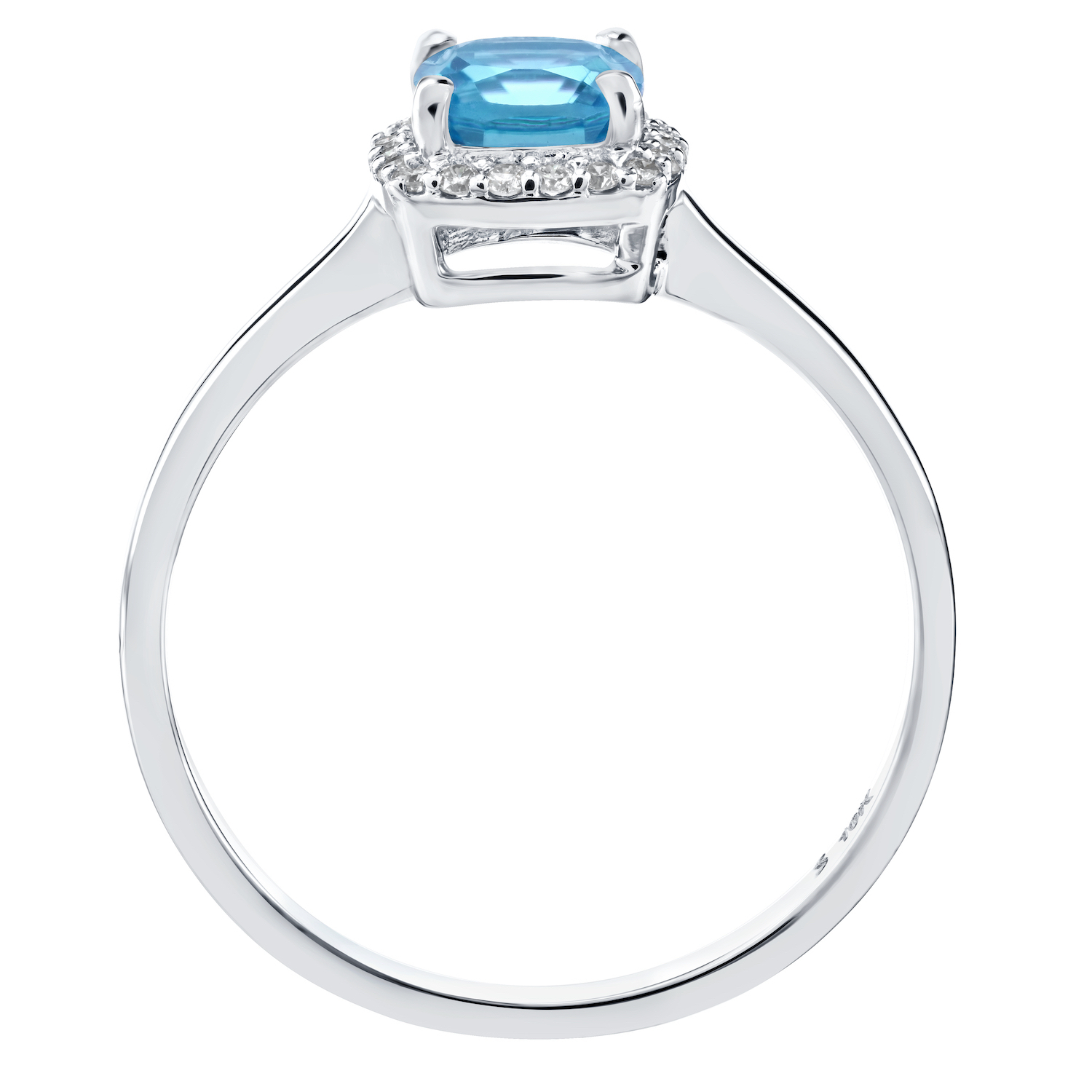 Birthstone Collection 10K White Gold Cushion Center with Halo Plain Shank Ring Diamond and Blue Topaz 0.60 Ctw
