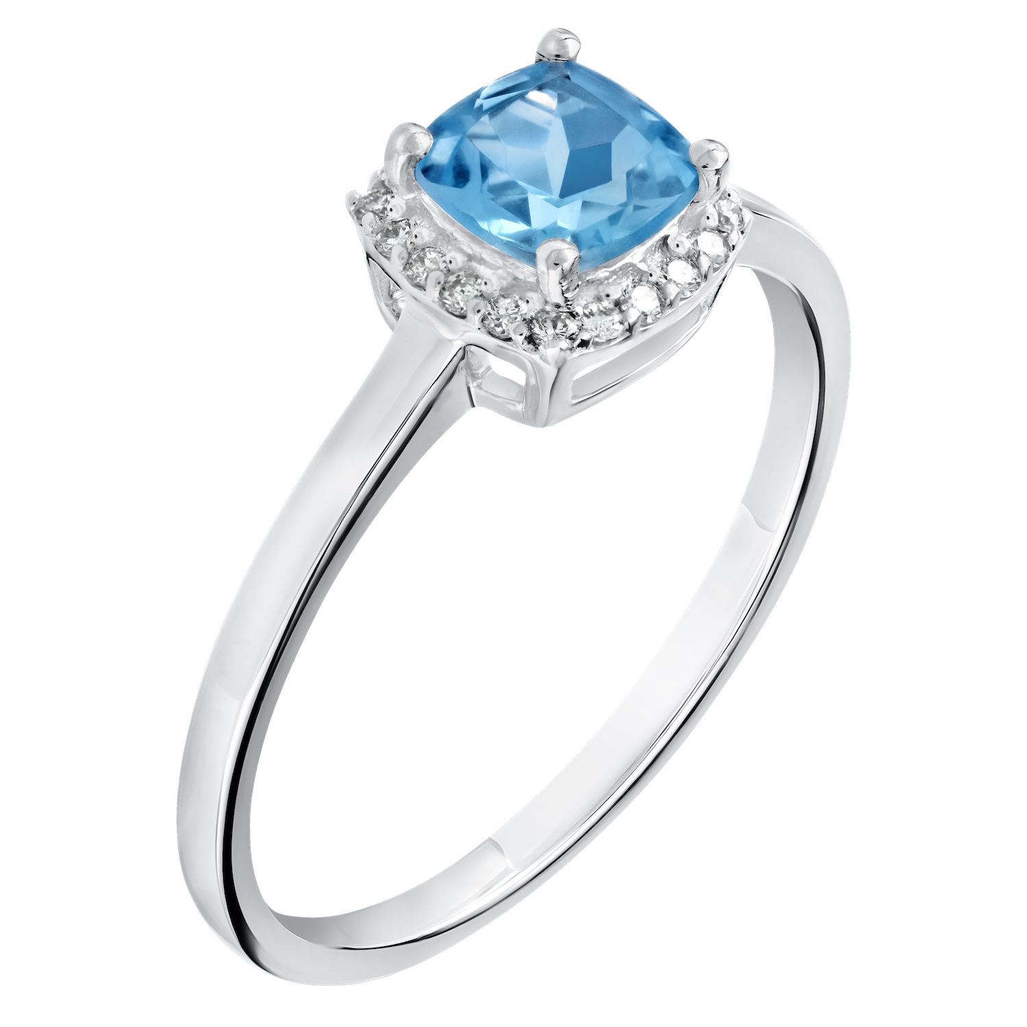 Birthstone Collection 10K White Gold Cushion Center with Halo Plain Shank Ring Diamond and Blue Topaz 0.60 Ctw