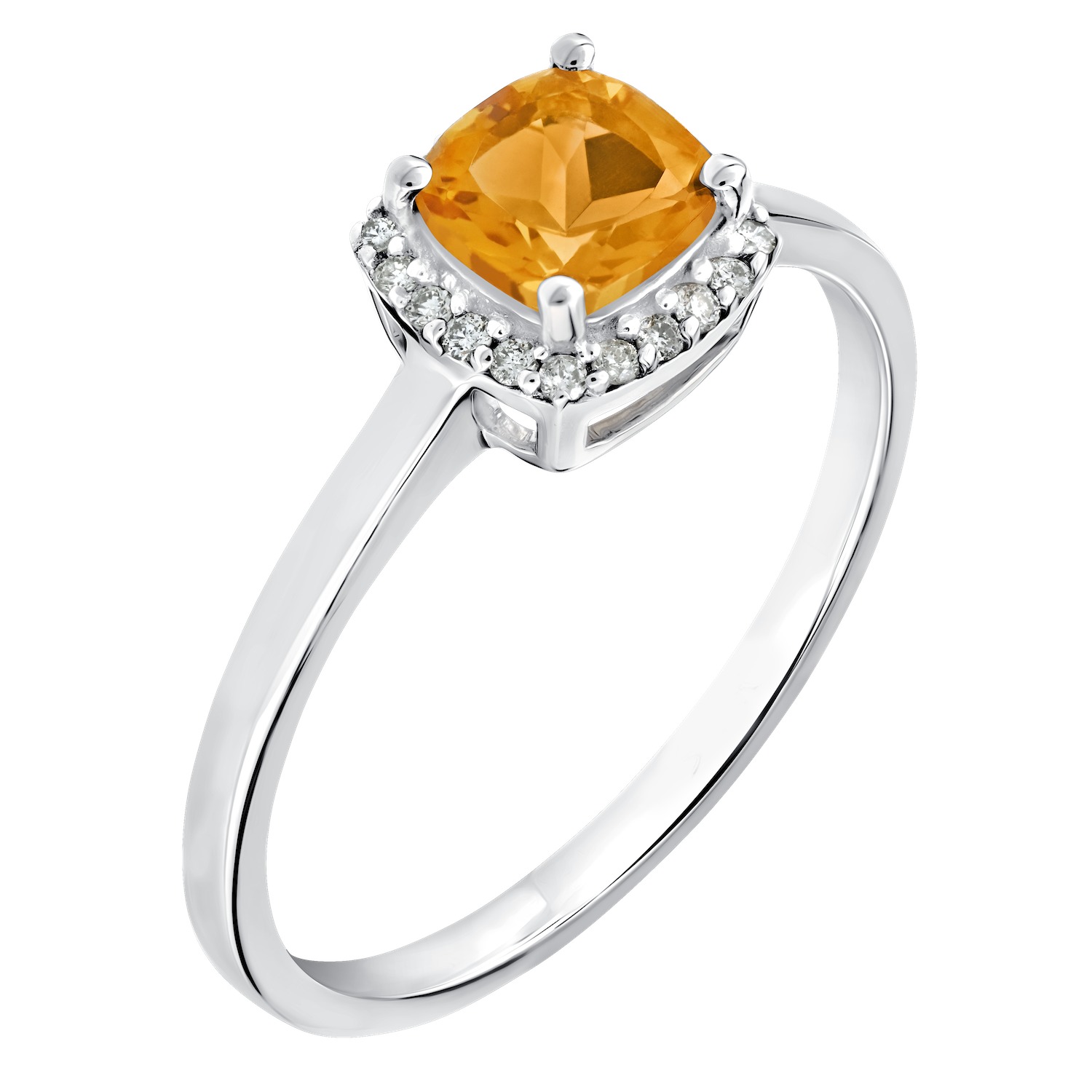Birthstone Collection 10K White Gold Cushion Center with Halo Plain Shank Ring Diamond and Citrine 0.60 Ctw