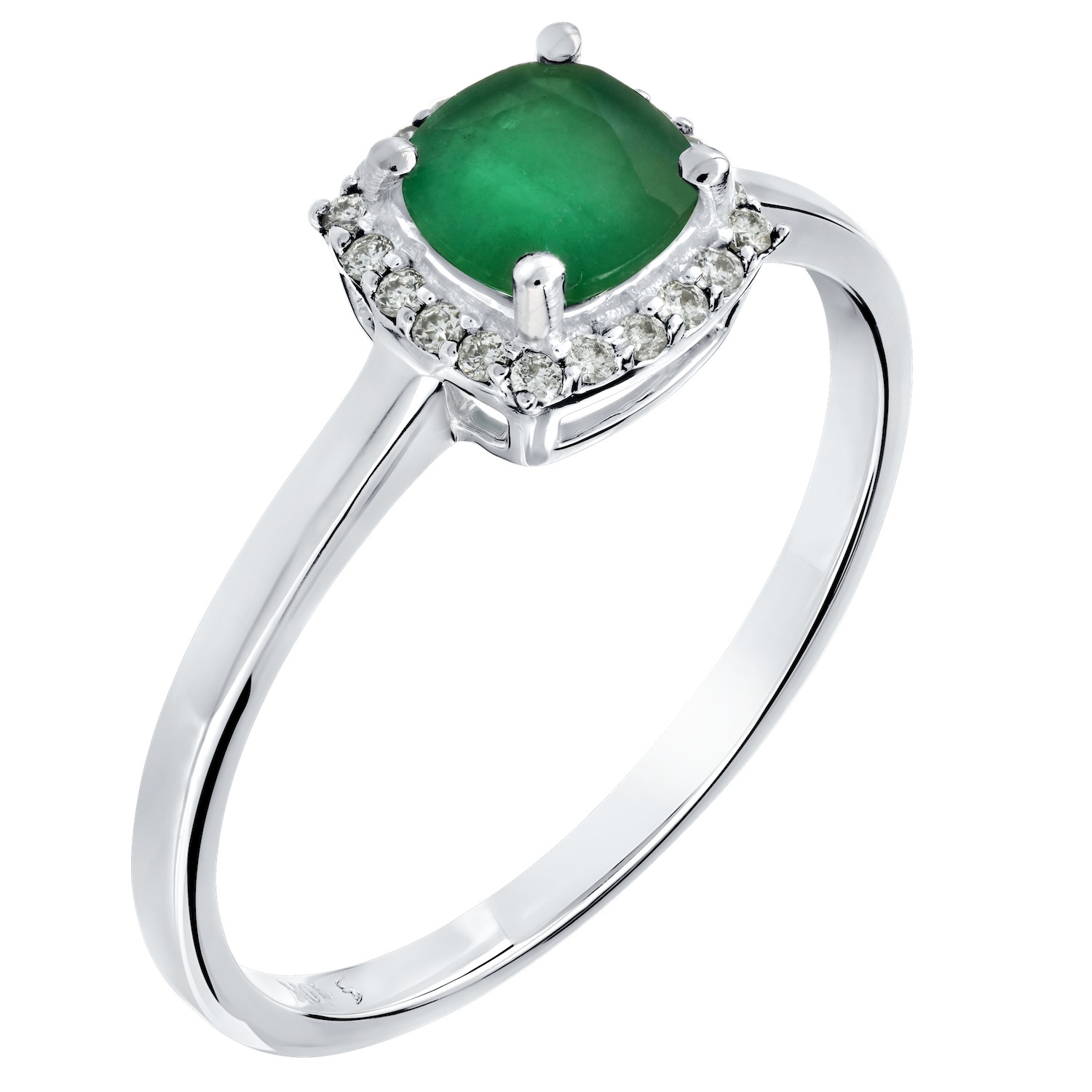 Birthstone Collection 10K White Gold Cushion Center with Halo Plain Shank Ring Diamond and Emerald 0.60 Ctw