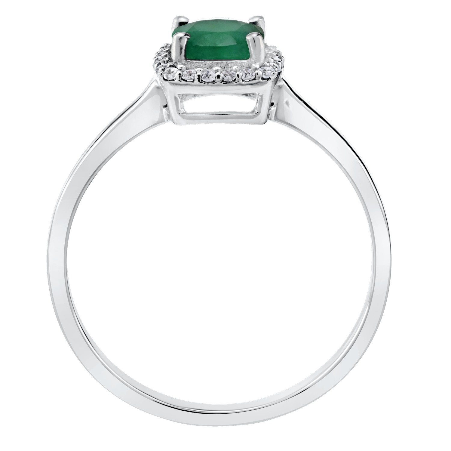 Birthstone Collection 10K White Gold Cushion Center with Halo Plain Shank Ring Diamond and Emerald 0.60 Ctw