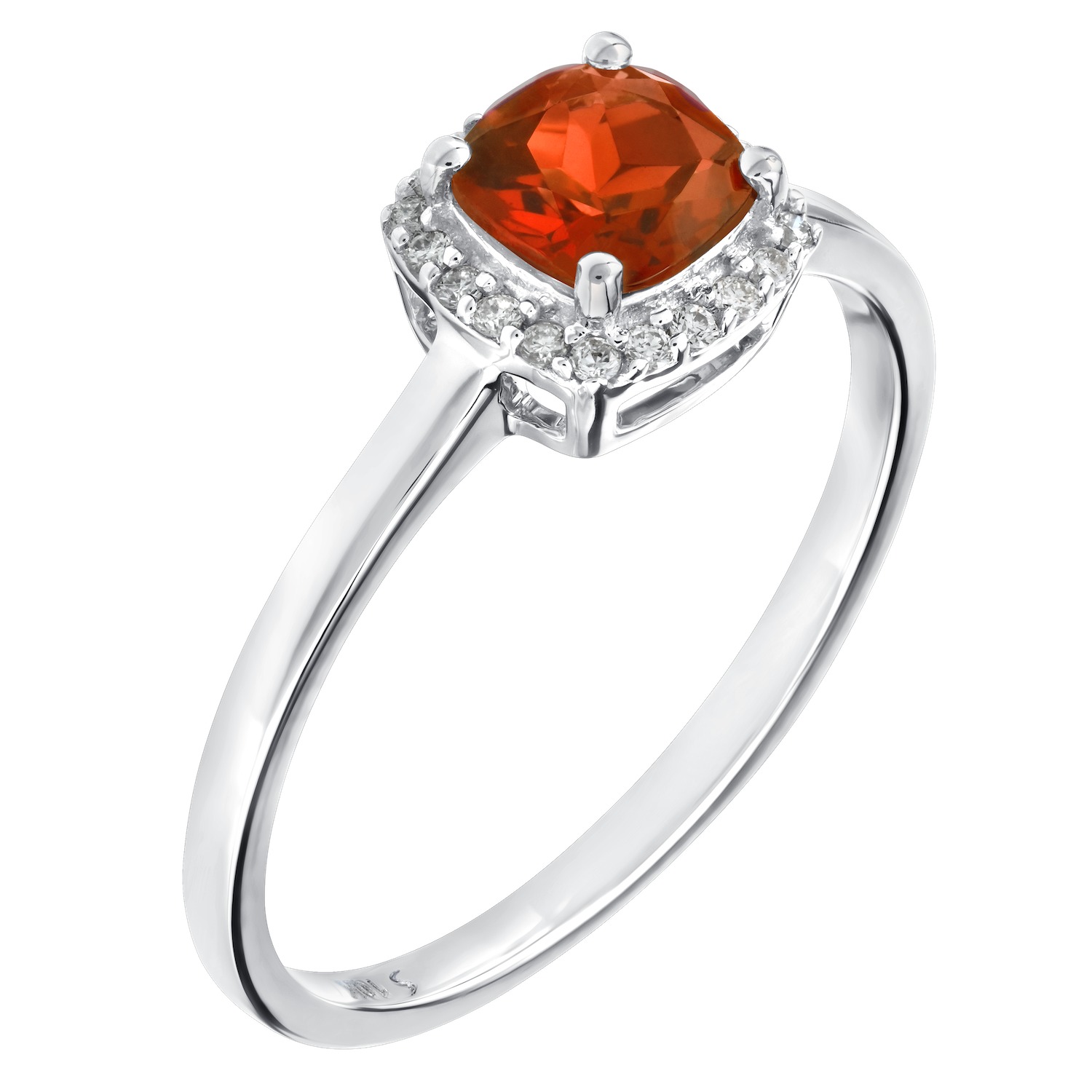 Birthstone Collection 10K White Gold Cushion Center with Halo Plain Shank Ring Diamond and Garnet 0.60 Ctw