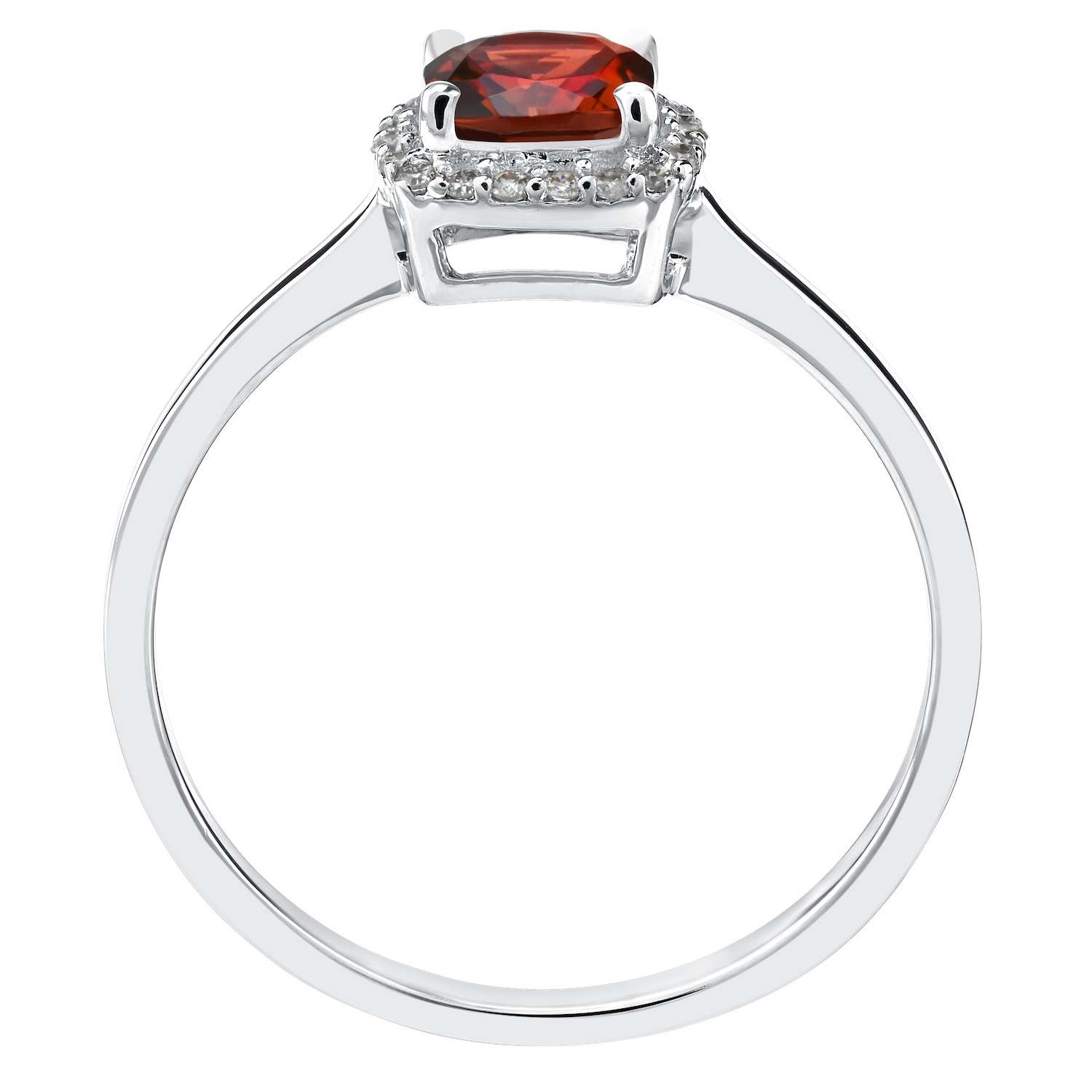 Birthstone Collection 10K White Gold Cushion Center with Halo Plain Shank Ring Diamond and Garnet 0.60 Ctw