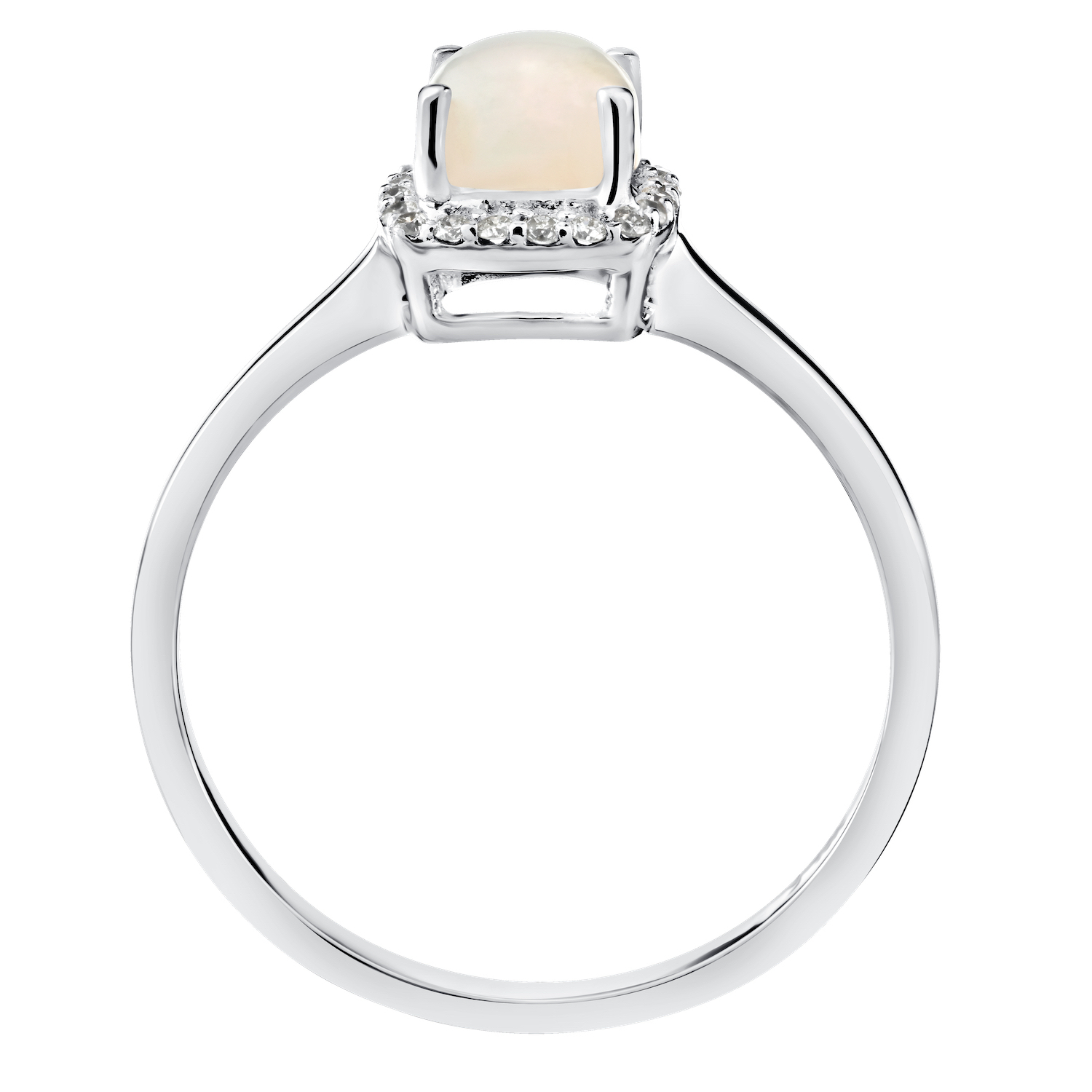 Birthstone Collection 10K White Gold Cushion Center with Halo Plain Shank Ring Diamond and Opal 0.60 Ctw