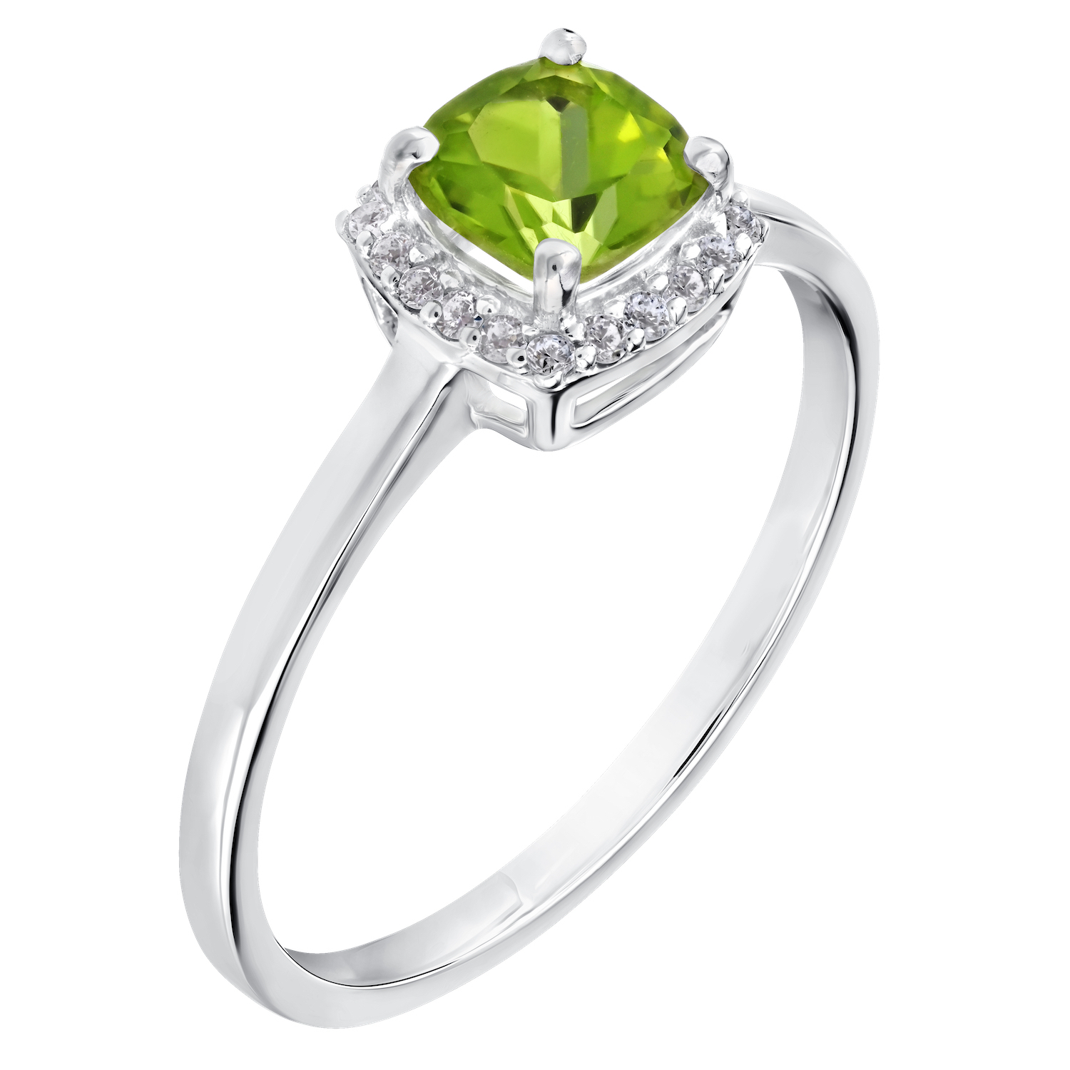 Birthstone Collection 10K White Gold Cushion Center with Halo Plain Shank Ring Diamond and Peridot 0.60 Ctw