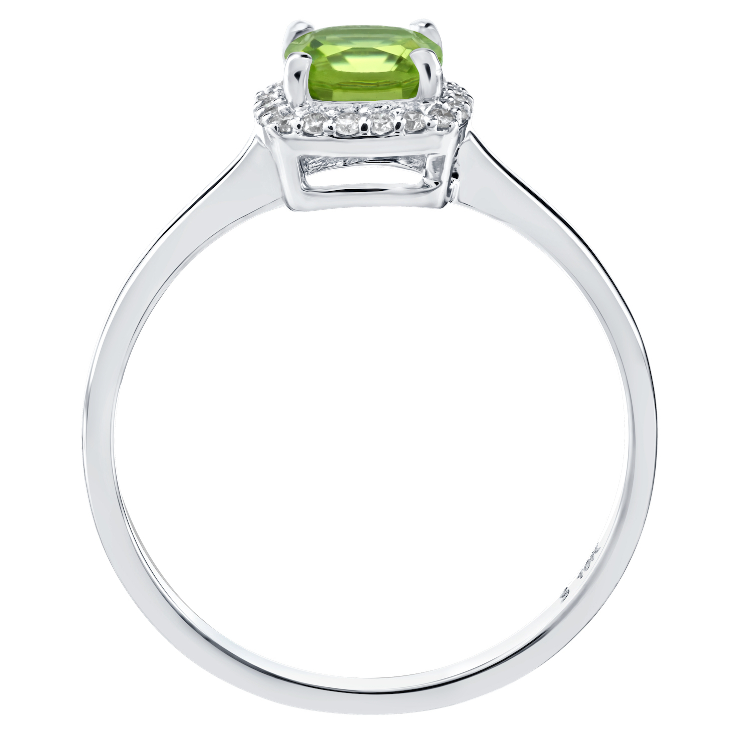 Birthstone Collection 10K White Gold Cushion Center with Halo Plain Shank Ring Diamond and Peridot 0.60 Ctw