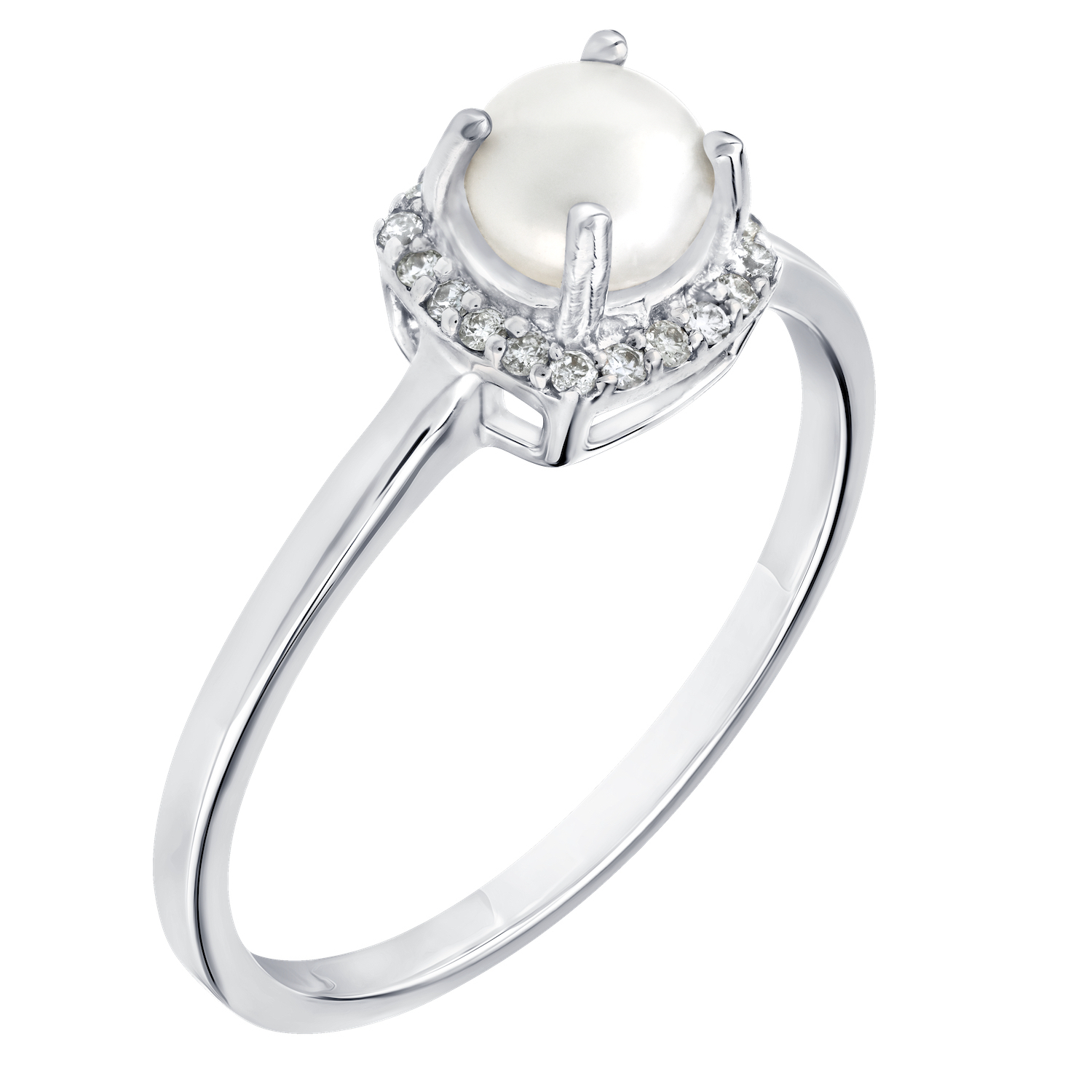 Birthstone Collection 10K White Gold Cushion Center with Halo Plain Shank Ring Diamond and Pearl 0.60 Ctw