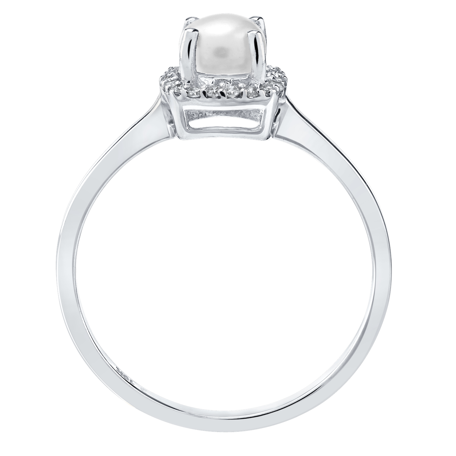 Birthstone Collection 10K White Gold Cushion Center with Halo Plain Shank Ring Diamond and Pearl 0.60 Ctw