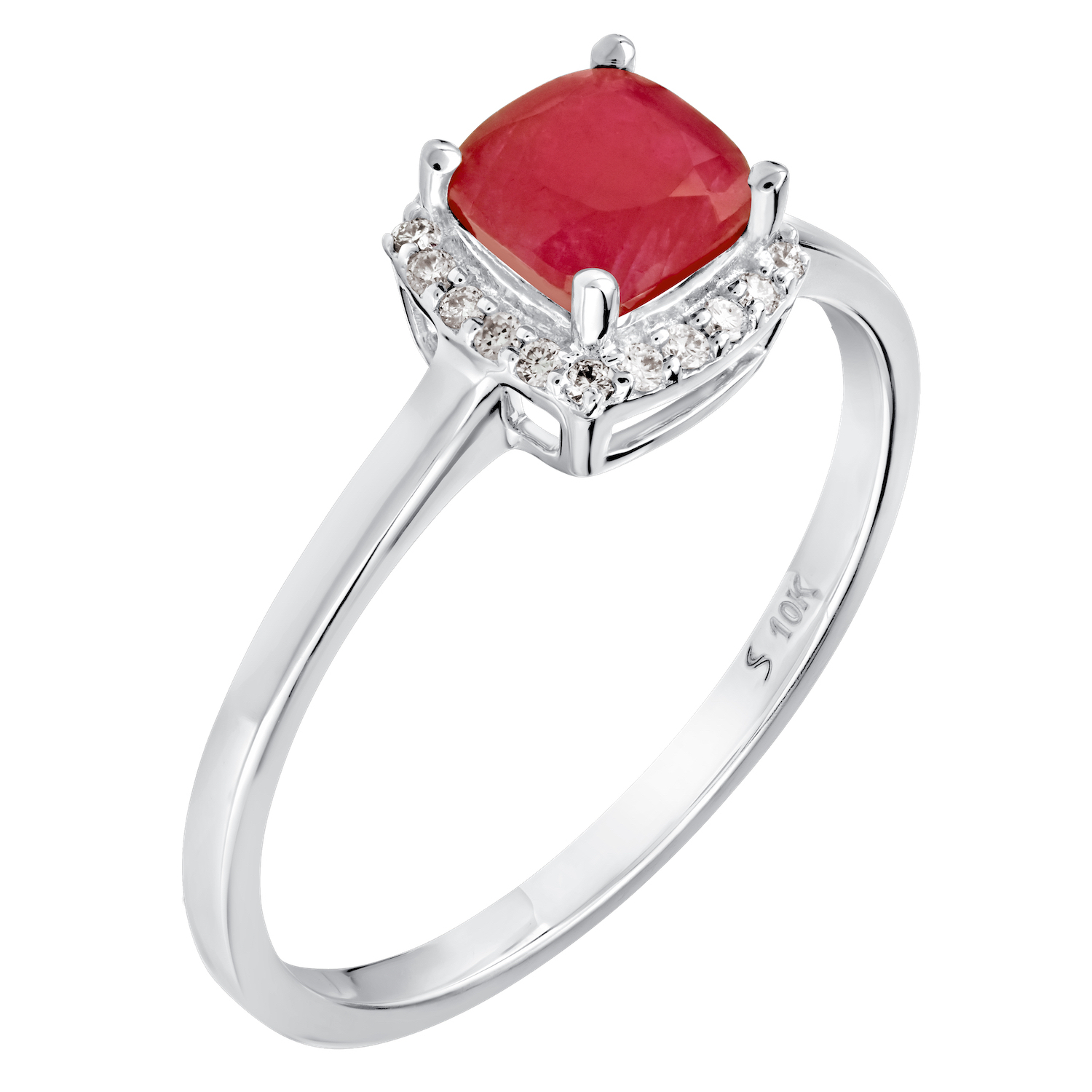 Birthstone Collection 10K White Gold Cushion Center with Halo Plain Shank Ring Diamond and Ruby 0.60 Ctw
