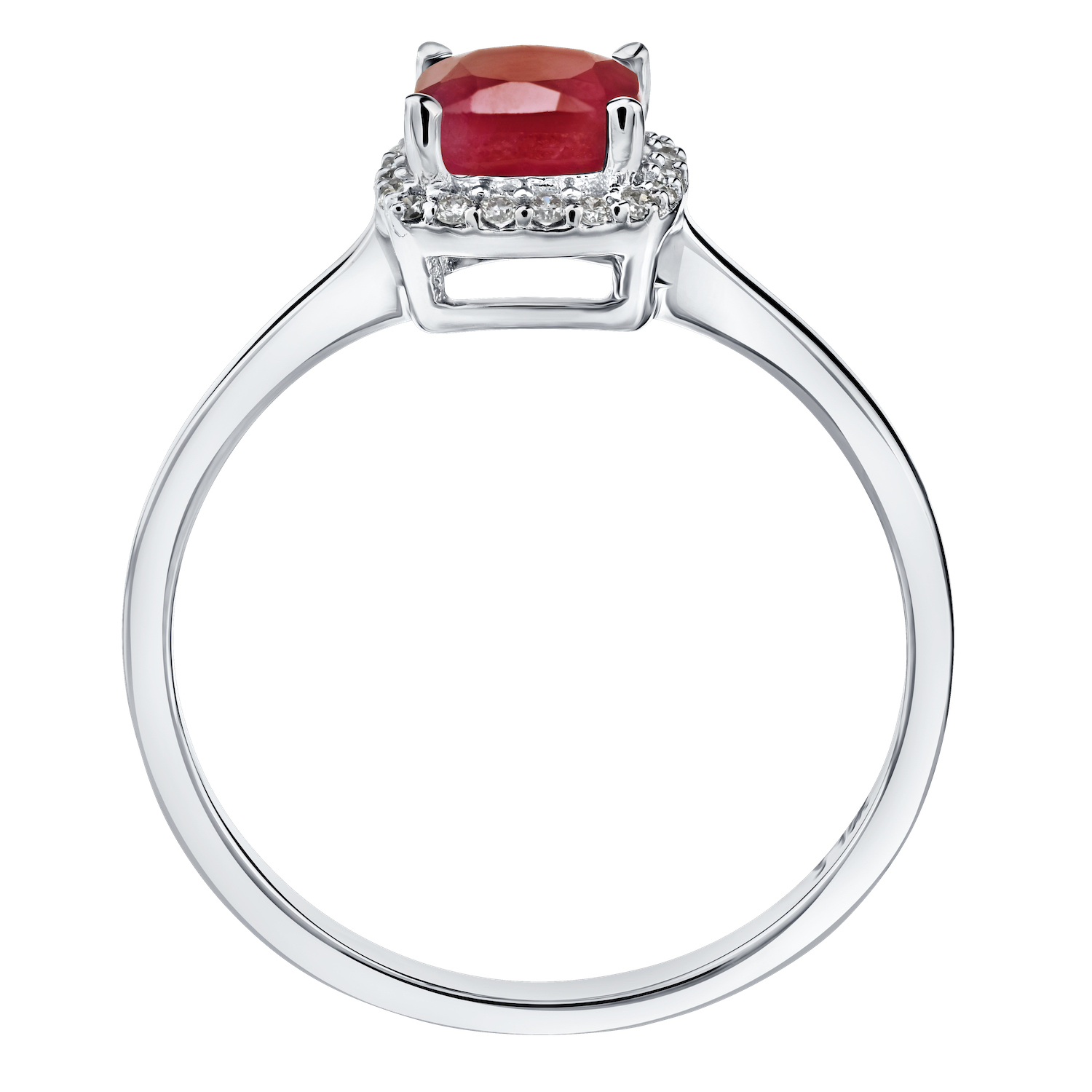 Birthstone Collection 10K White Gold Cushion Center with Halo Plain Shank Ring Diamond and Ruby 0.60 Ctw