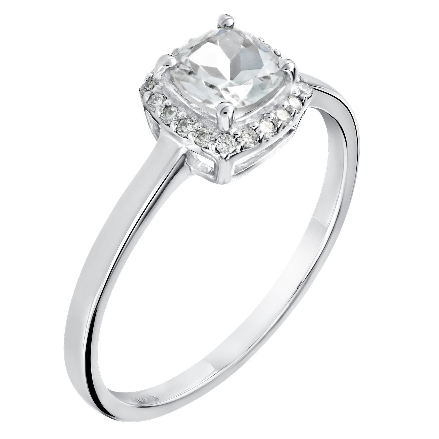 Birthstone Collection 10K White Gold Cushion Center with Halo Plain Shank Ring Diamond and White Topaz 0.60 Ctw