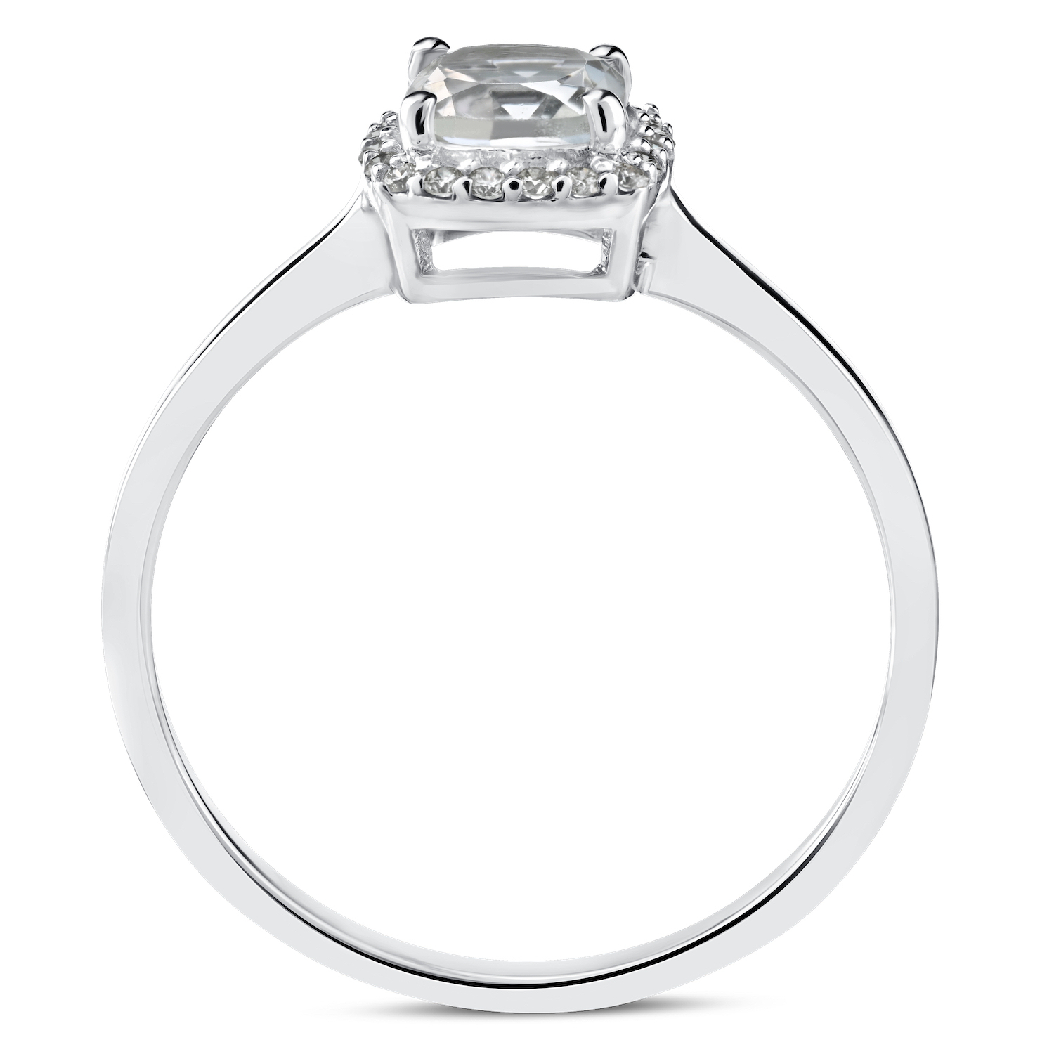 Birthstone Collection 10K White Gold Cushion Center with Halo Plain Shank Ring Diamond and White Topaz 0.60 Ctw