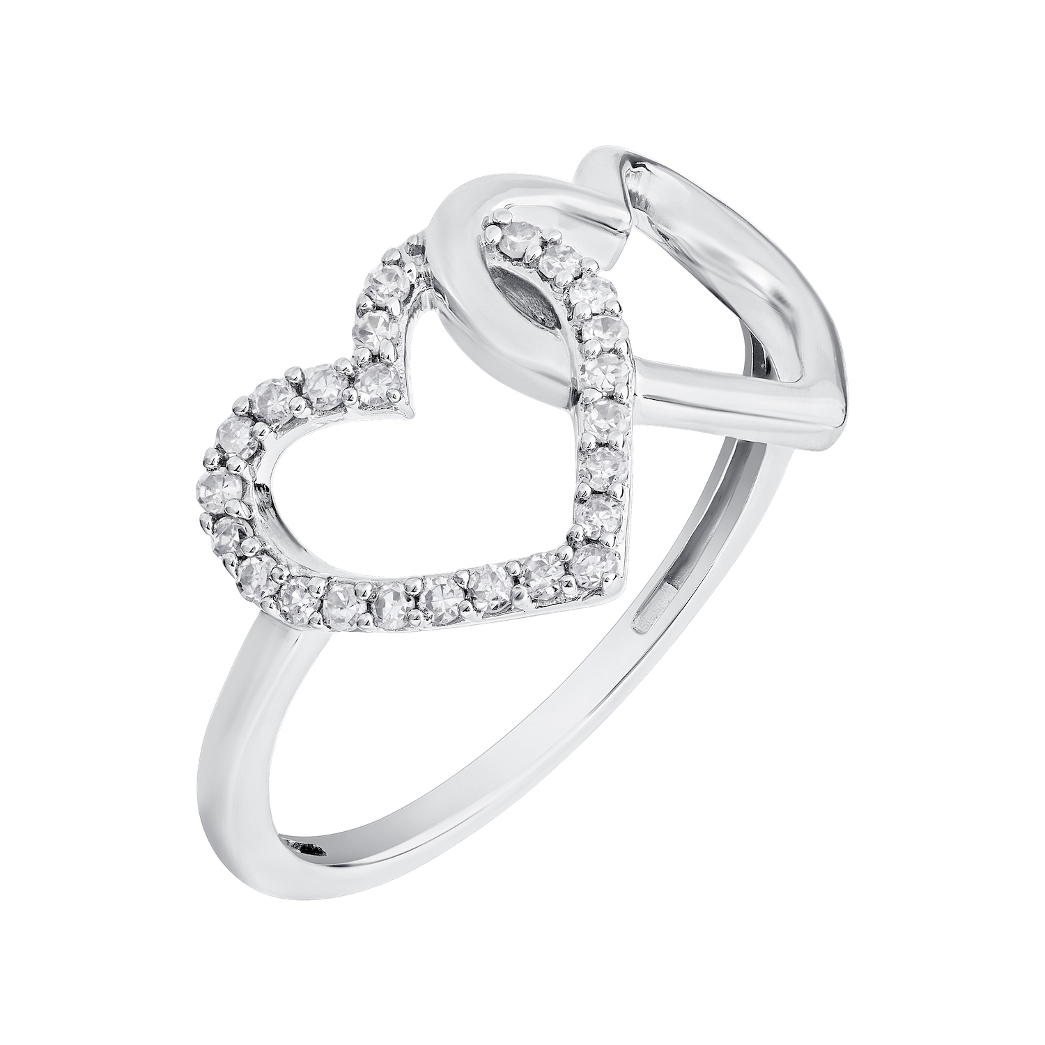 10K White Gold Ring Pave & Polished Interlocking Hearts Diamond 0.15 Ctw