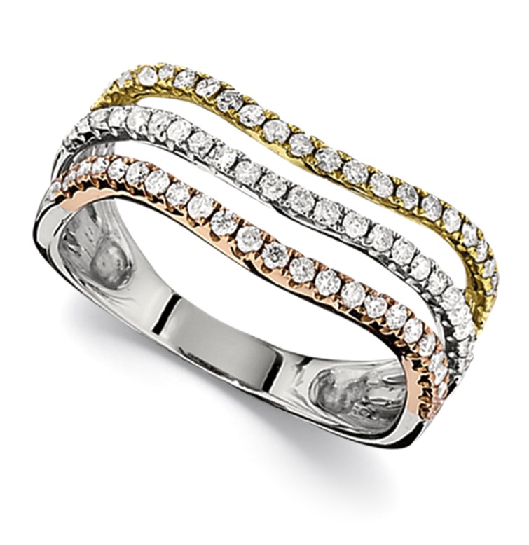 14K White Gold Ring 3 Tri Color Parallel Pave Rows Diamond 0.50 Ctw