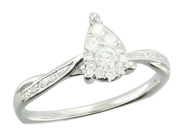 14K White Gold Ring Pear Shape Cluster with Halo Diamond 0.25 Ctw