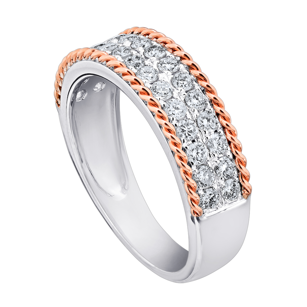 14K Two Tone Ring Pave Set Center with Twisted Wire Rails Diamond 0.60 Ctw