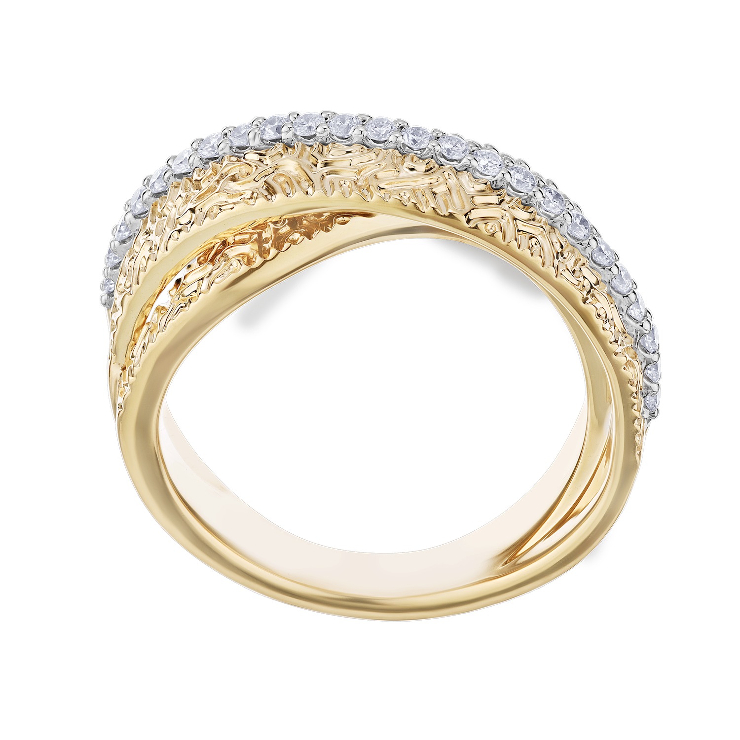 14K Two Tone Wide Textured Freeform with Bead Set Bypass Diamond Ring 0.33 Ctw