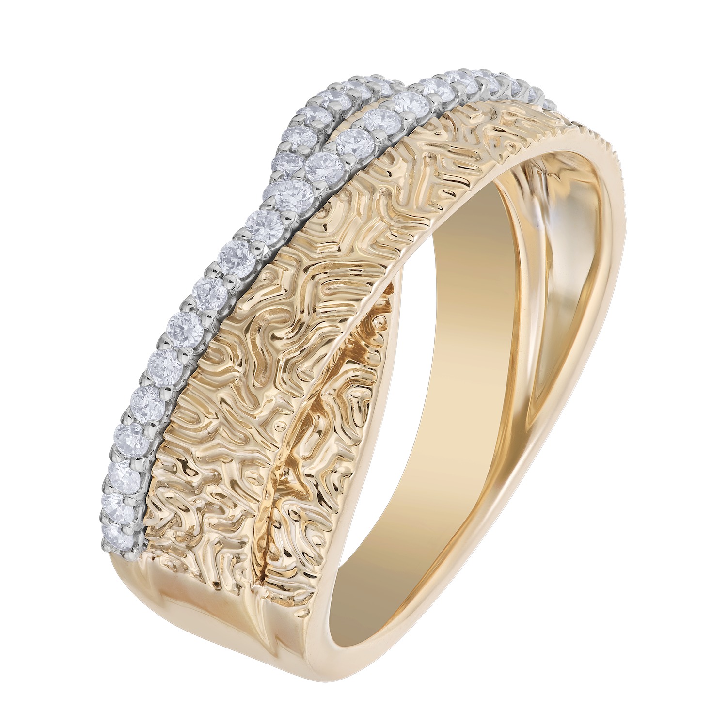 14K Two Tone Wide Textured Freeform with Bead Set Bypass Diamond Ring 0.33 Ctw