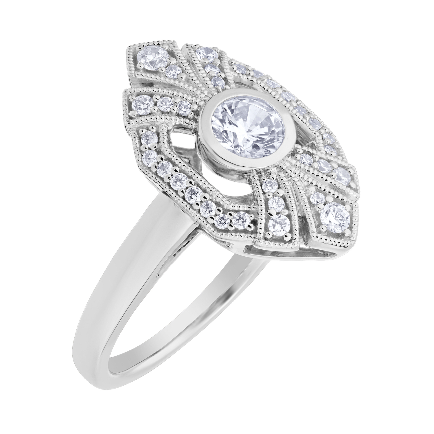 Vintage Treasures&trade; 14k White Gold Art Deco Style Bezel Center Polished Shank Ring Diamond 0.61 Ctw