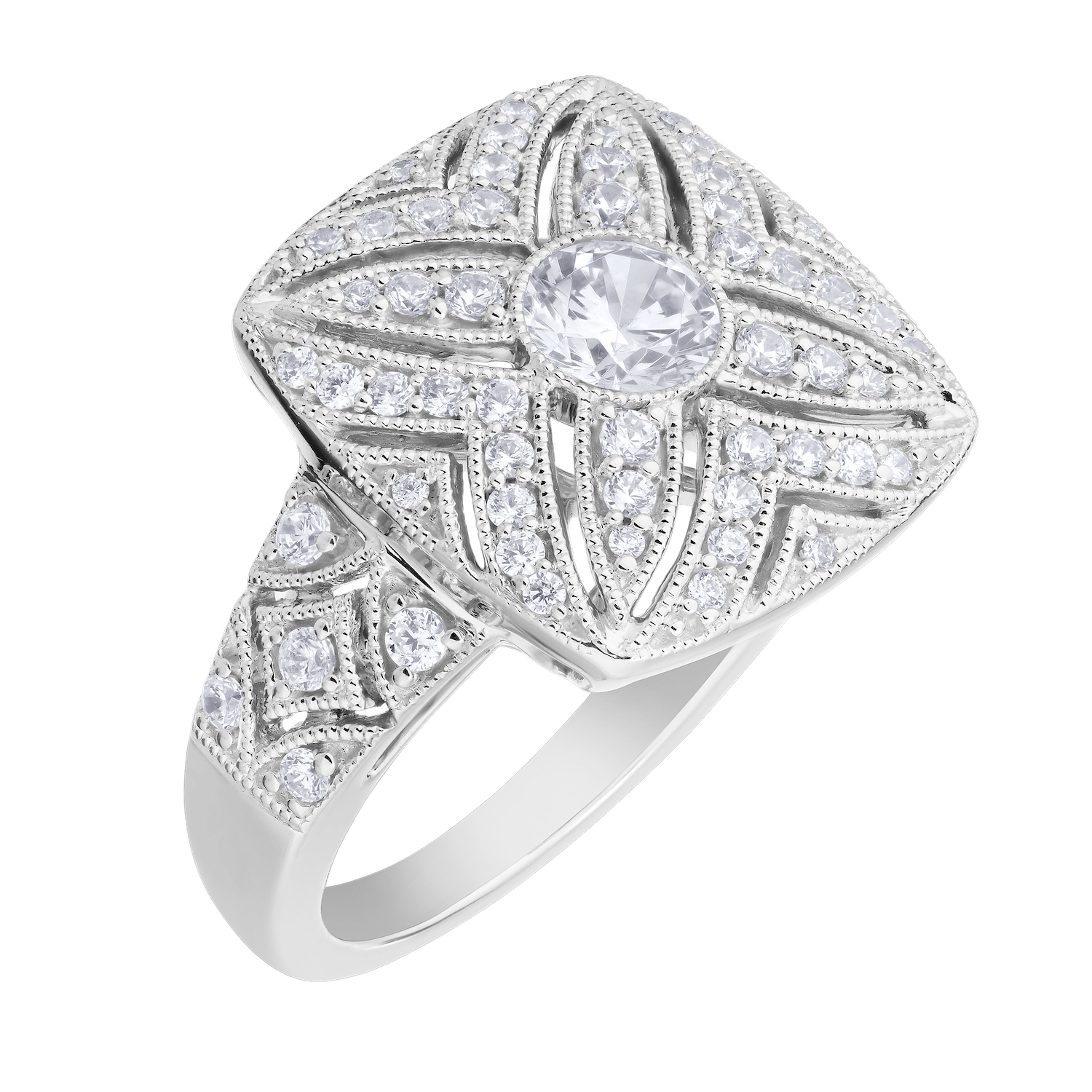 Vintage Treasures&trade; 14k White Gold Square Shape Filigree Art Deco Style Bezel Center Ring Diamond 1.00 Ctw