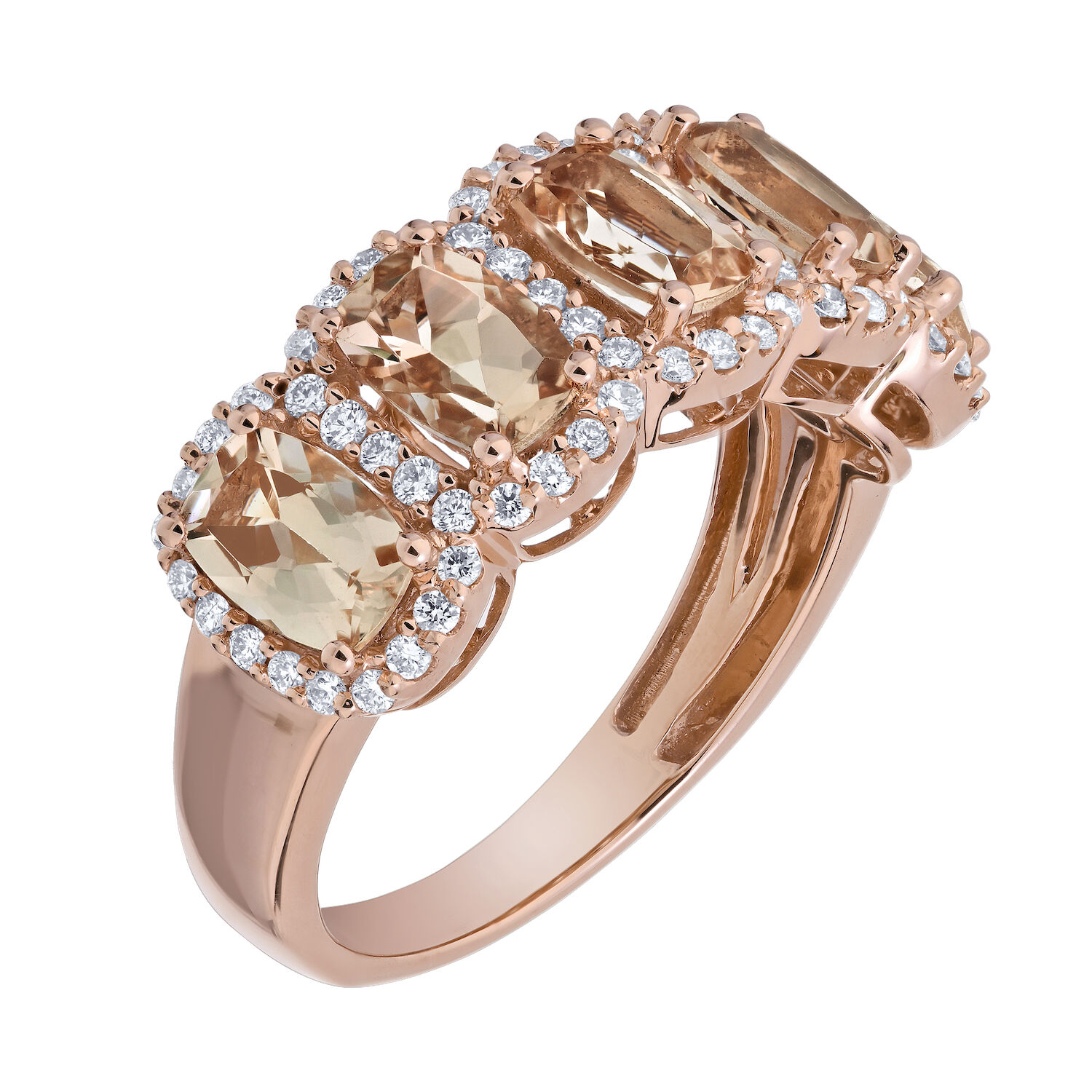 Peach Blossom&trade; 14k Rose Gold 5 Elongated Cushion Morganite with Halo's Ring Diamond 2.63 Ctw