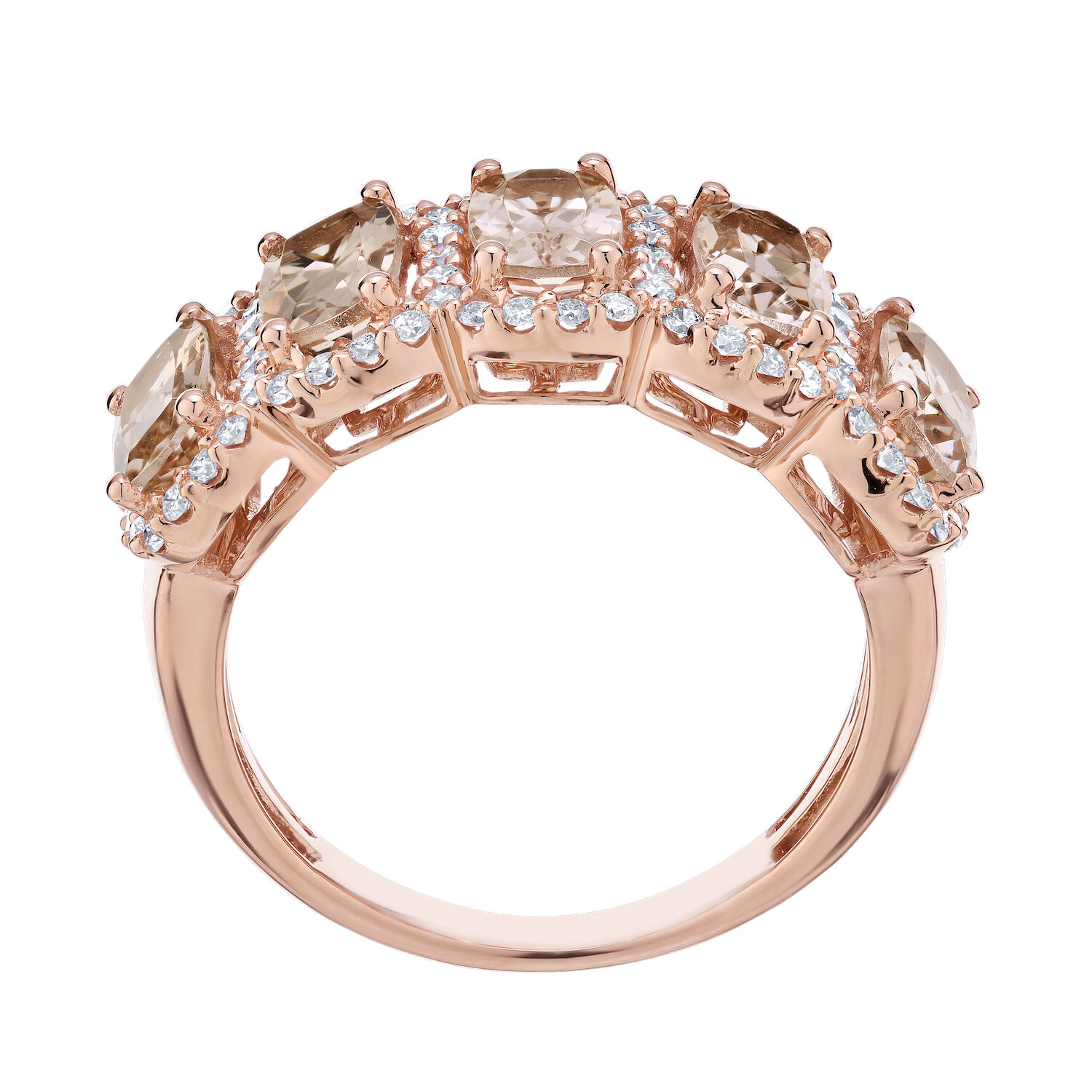 Peach Blossom&trade; 14k Rose Gold 5 Elongated Cushion Morganite with Halo's Ring Diamond 2.63 Ctw