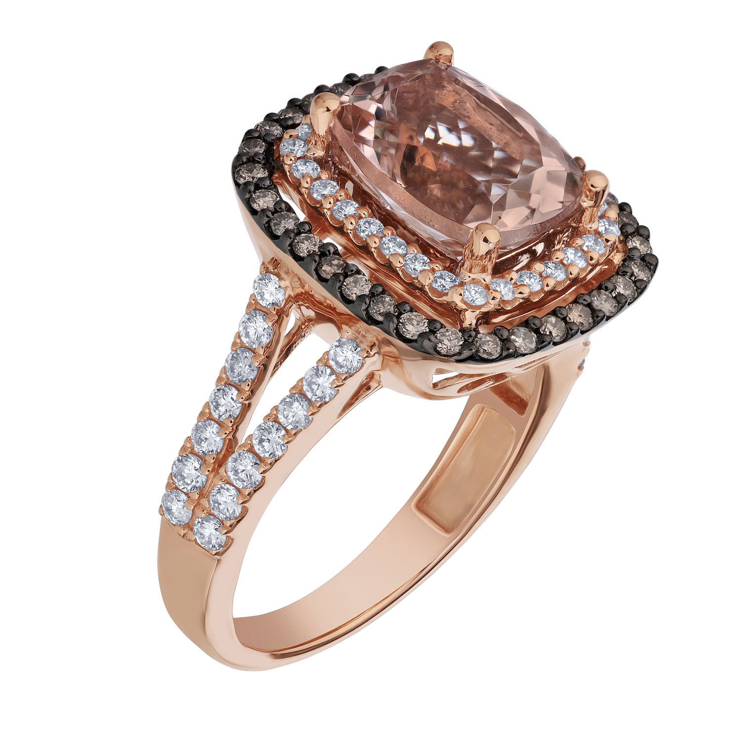 Peach Blossom&trade; 14k Rose Gold Cushion Cut Morganite with Cognac & White Double Halo Ring Diamond 4.00 Ctw