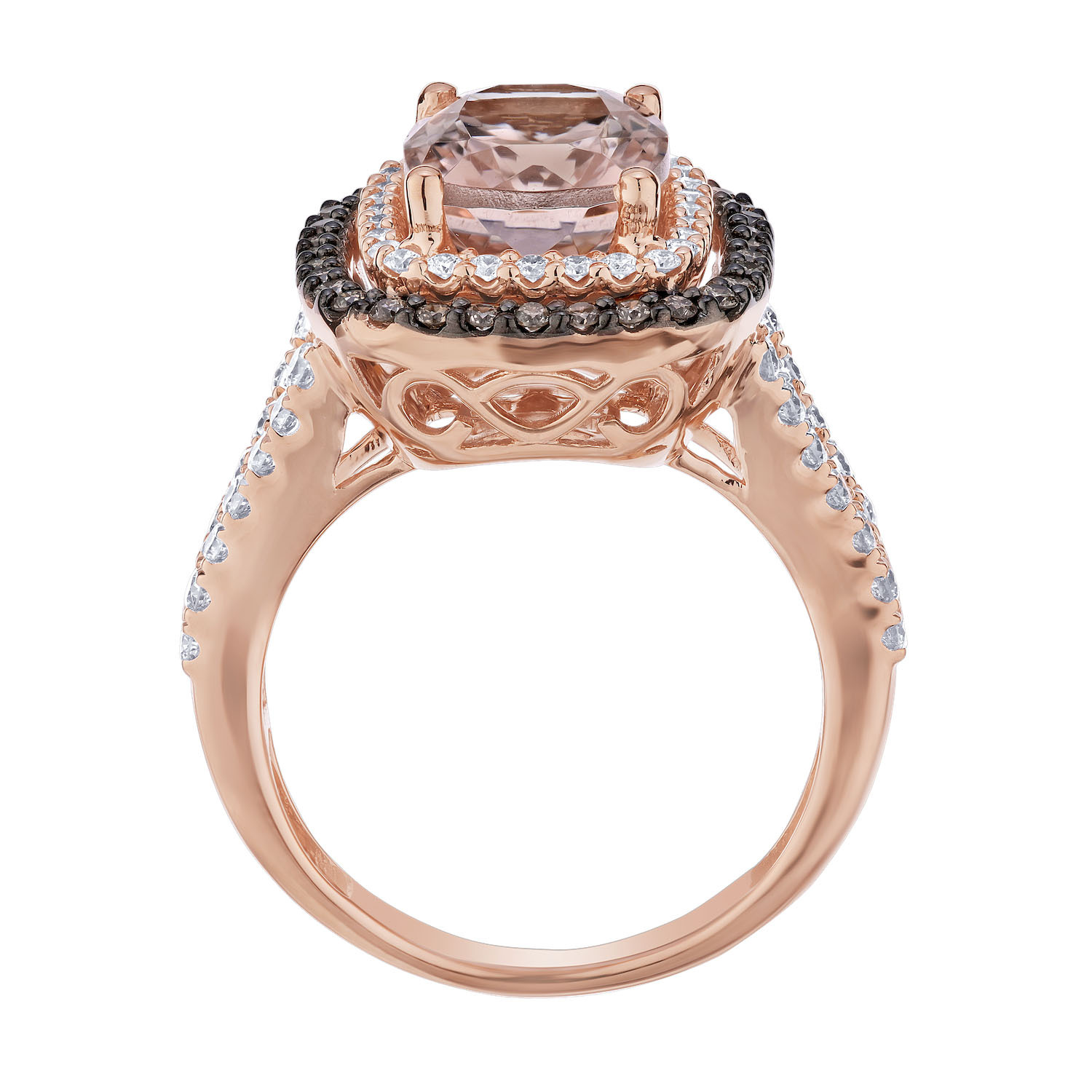 Peach Blossom&trade; 14k Rose Gold Cushion Cut Morganite with Cognac & White Double Halo Ring Diamond 4.00 Ctw