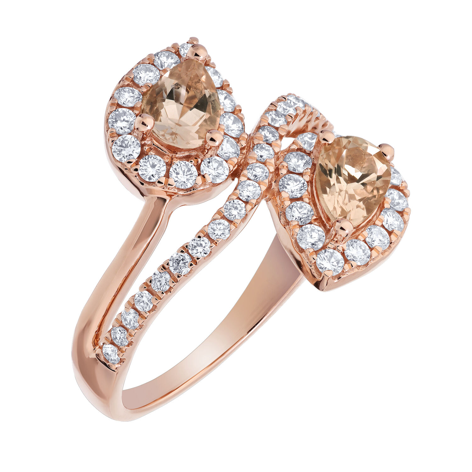 Peach Blossom&trade; 14k Rose Gold Pear-Shape Morganite Halo's Bypass Wrap Ring Diamond Pear 1.403 Ctw