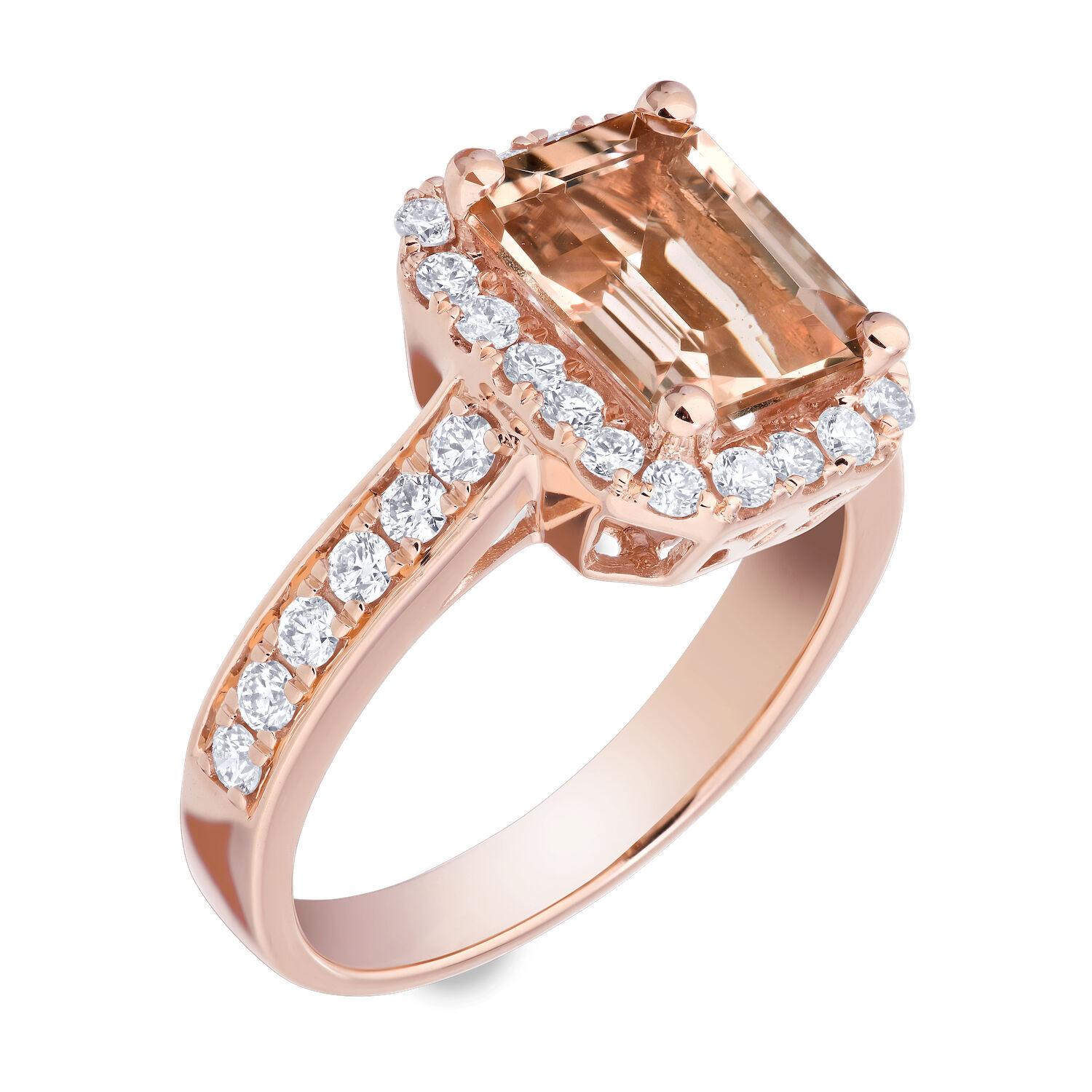 Peach Blossom&trade; 14k Rose Gold Emerald Cut Morganite with Halo Diamond Shoulders Ring Diamond 2.76 Ctw