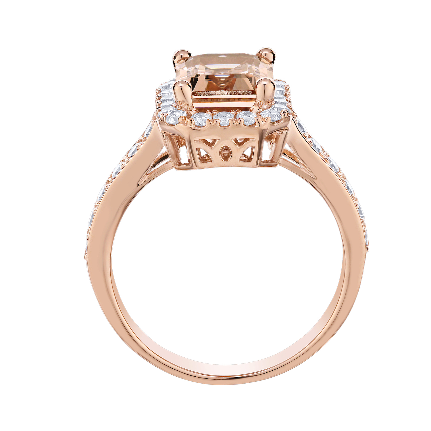 Peach Blossom&trade; 14k Rose Gold Emerald Cut Morganite with Halo Diamond Shoulders Ring Diamond 2.76 Ctw