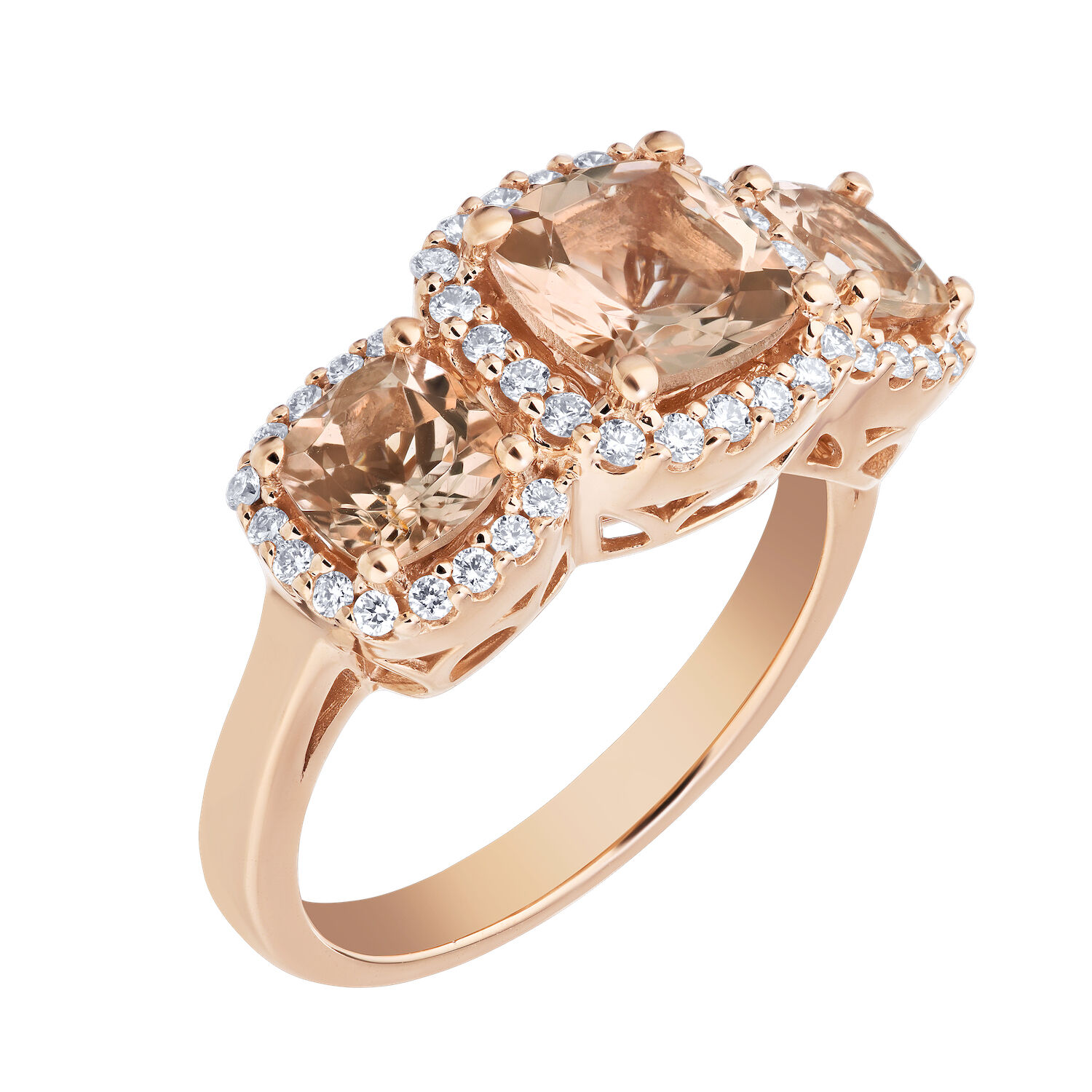 Peach Blossom&trade; 14k Rose Gold 3 Cushion Cut Morganite with Halo's Ring Diamond 2.61 Ctw