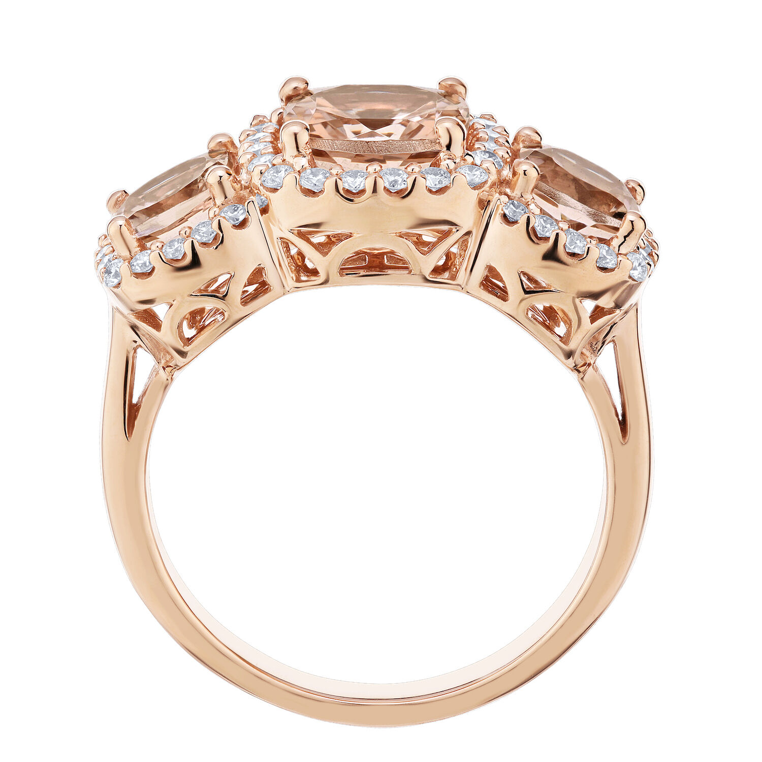 Peach Blossom&trade; 14k Rose Gold 3 Cushion Cut Morganite with Halo's Ring Diamond 2.61 Ctw